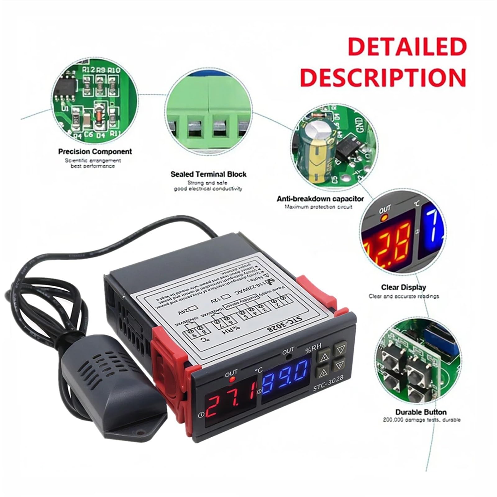 Doppio termostato Digitale Controllo umidità Temperatura STC-3028 Termometro Igrometro Regolatore incubatrice AC 220V DC 12V 24V (Color : Only Test Probe)