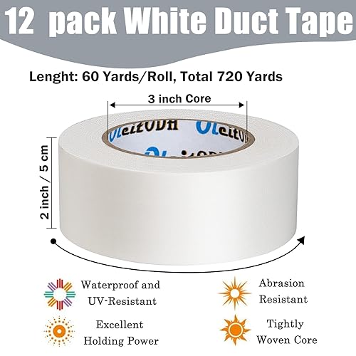 Miniatura 2 de Oleitodh Paquete de 12 Cintas de Conducto Blancas de Uso Pesado, 8.3 Mil de Grosor, 2 Pulgadas x 30 Yardas, Resistencia Industrial Fuerte, Flexible,