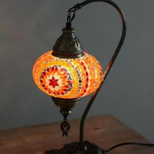 Miniatura 6 de LaModaHome Auténtica lámpara de mesa marroquí con globo de 7 pulgadas, lámpara de escritorio de mosaico turco Tiffany de bronce para sala de estar,
