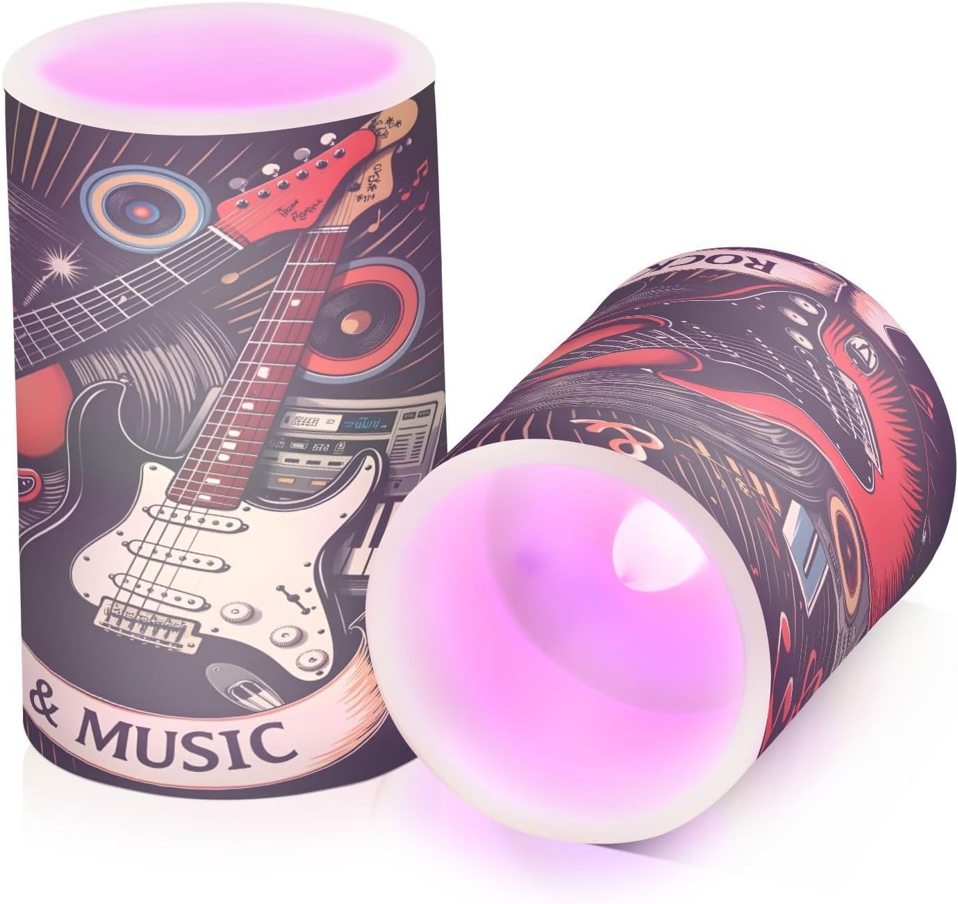 ALAZA Vintage Guitar Music Note Flickering Flameless Candles Pillar Led Candles Battery Operated Candles with Remote and Timers Set of 2