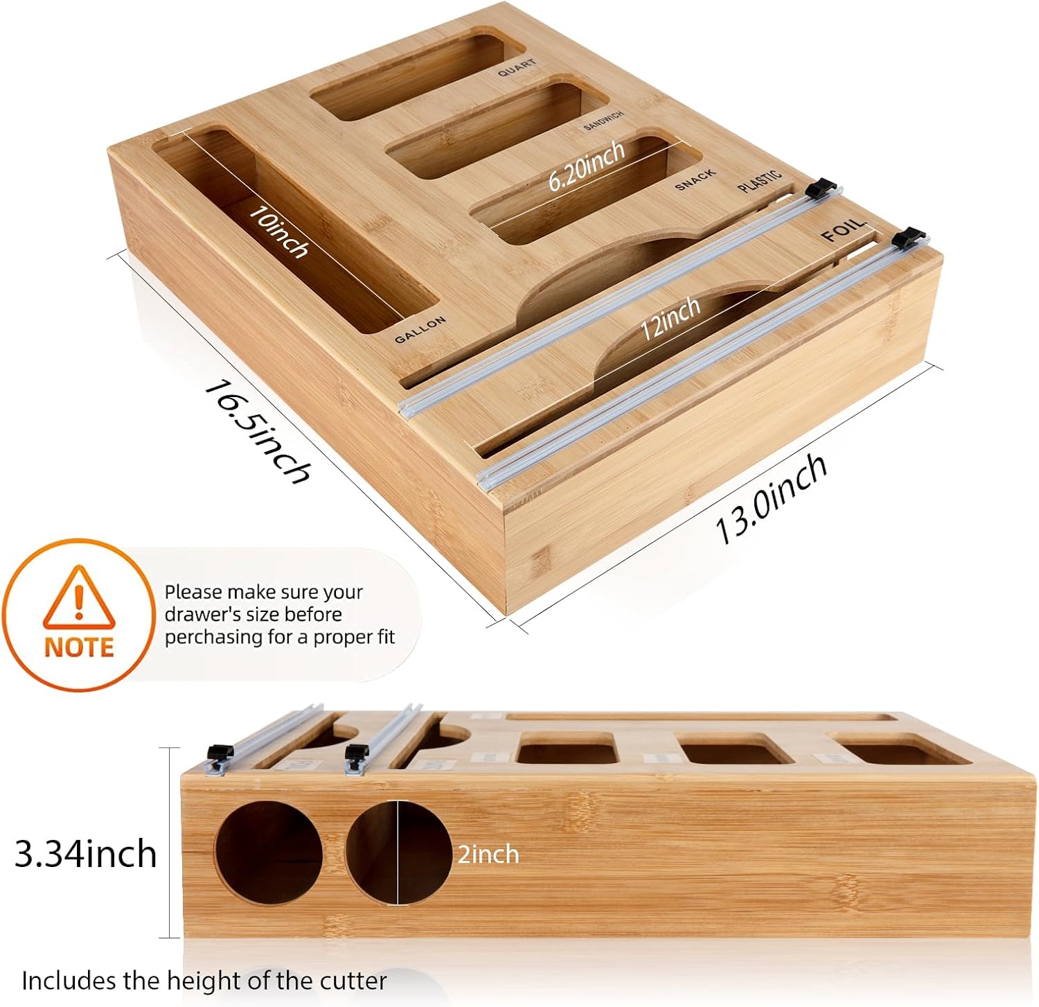 Storage Bag Organizer with Foil and Plastic Wrap Organizer , Aluminum Foil Dispenser with Cutter, Bamboo 6 in 1 Baggie Organizer Suitable for Gallon, Quart, Sandwich, Snack