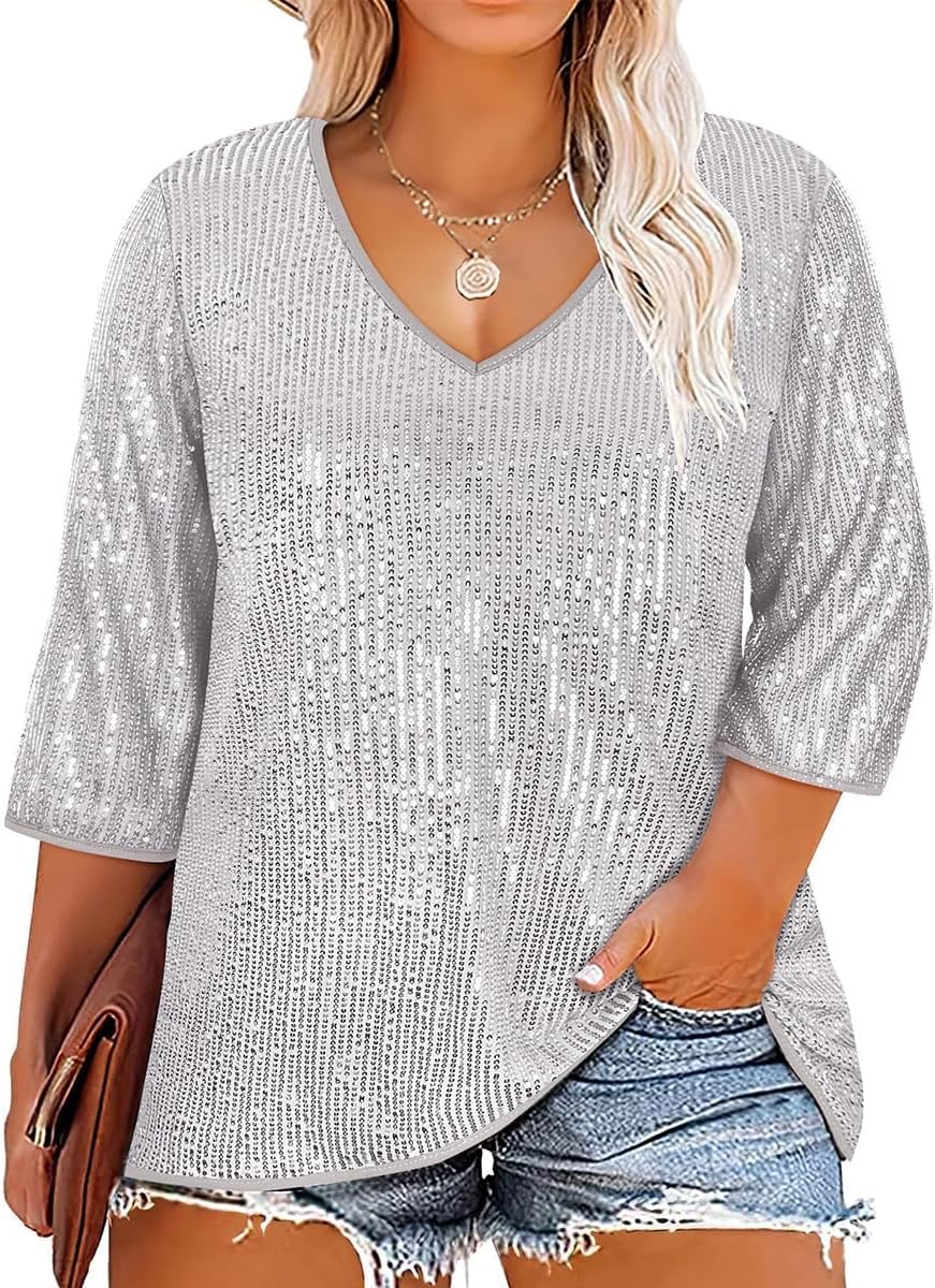 TIYOMI Plus Size Sequin Tops for Women 3/4 Sleeve Party Tunics XL-5XL