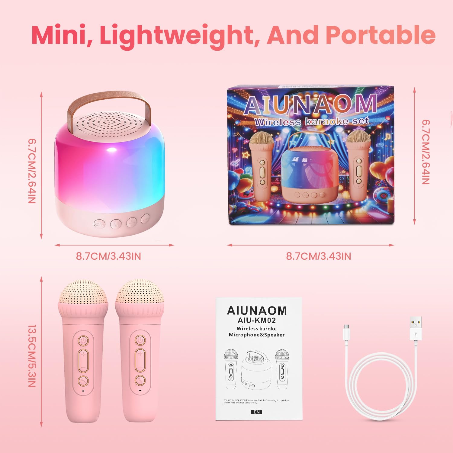 AIUNAOM Macchina per Karaoke con 2 Microfoni Senza Fili per Bambini, Cassa Bluetooth Portatile con LED ed Effetti Sonori - Regalo di Natale Ideale per Ragazze 3-12 Anni