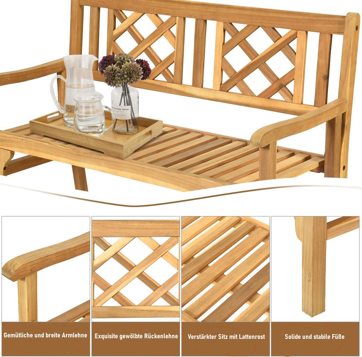 RELAX4LIFE Klappbare Gartenbank, Holzbank mit Armlehnen, Sitzbank aus Akazienholz, Bank bis zu 320 kg belastbar, Parkbank für 2-3 Personen, 120 x 56 x 90 cm, für Terrasse & Balkon & Garten, Natur