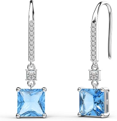 18K White Gold Plated Sterling Silver Square Princess Cut Cubic Zirconia Dangle Earrings for Women Square CZ Diamond Drop Dangling Earrings for Women Mom Hypoallergenic Aquamarine