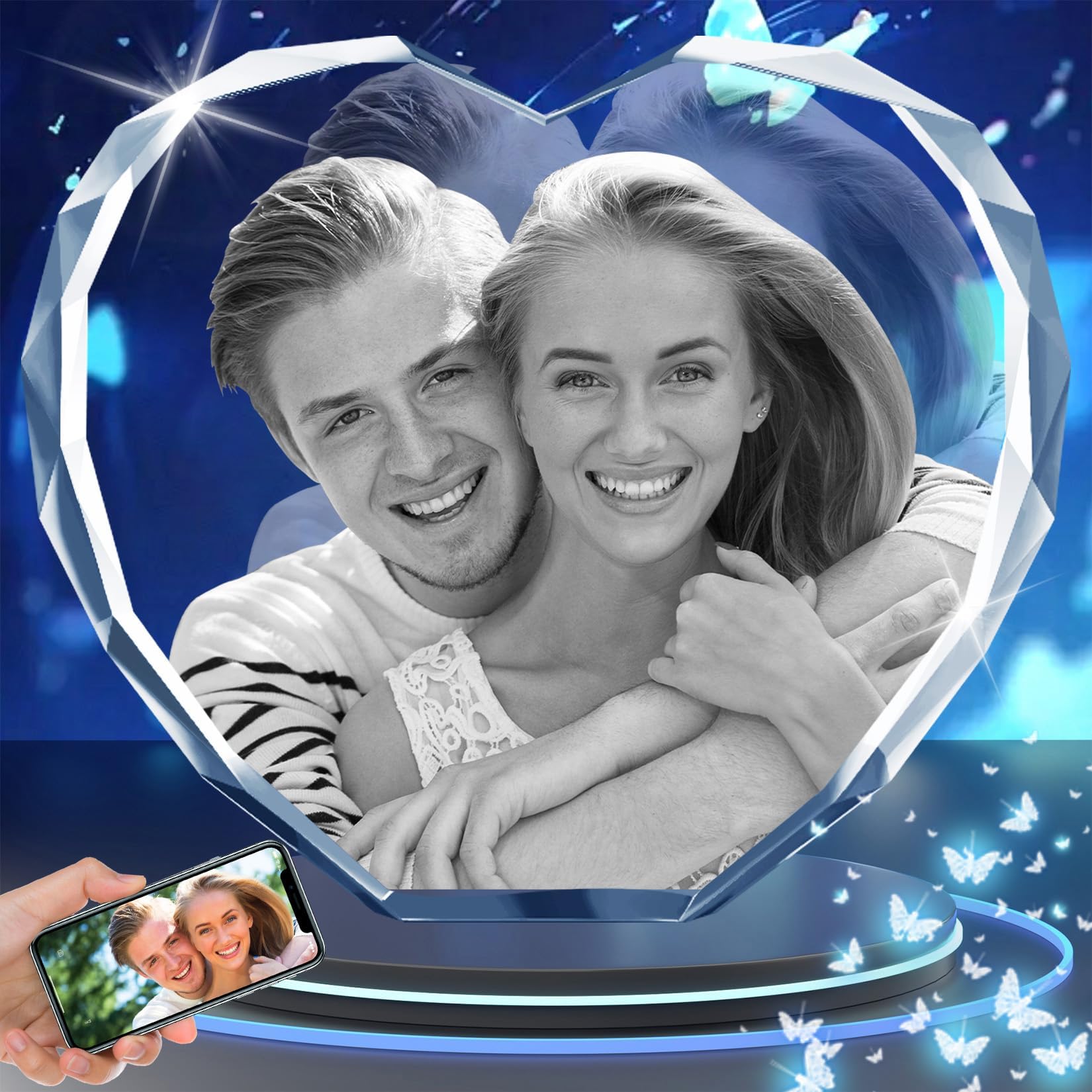 3D Crystal Photo, Personalized Valentines Day Gifts for Her, Wife, Women, Mom, Dad, Customized Glass 3D Laser Etched Picture gifts, Heart, S