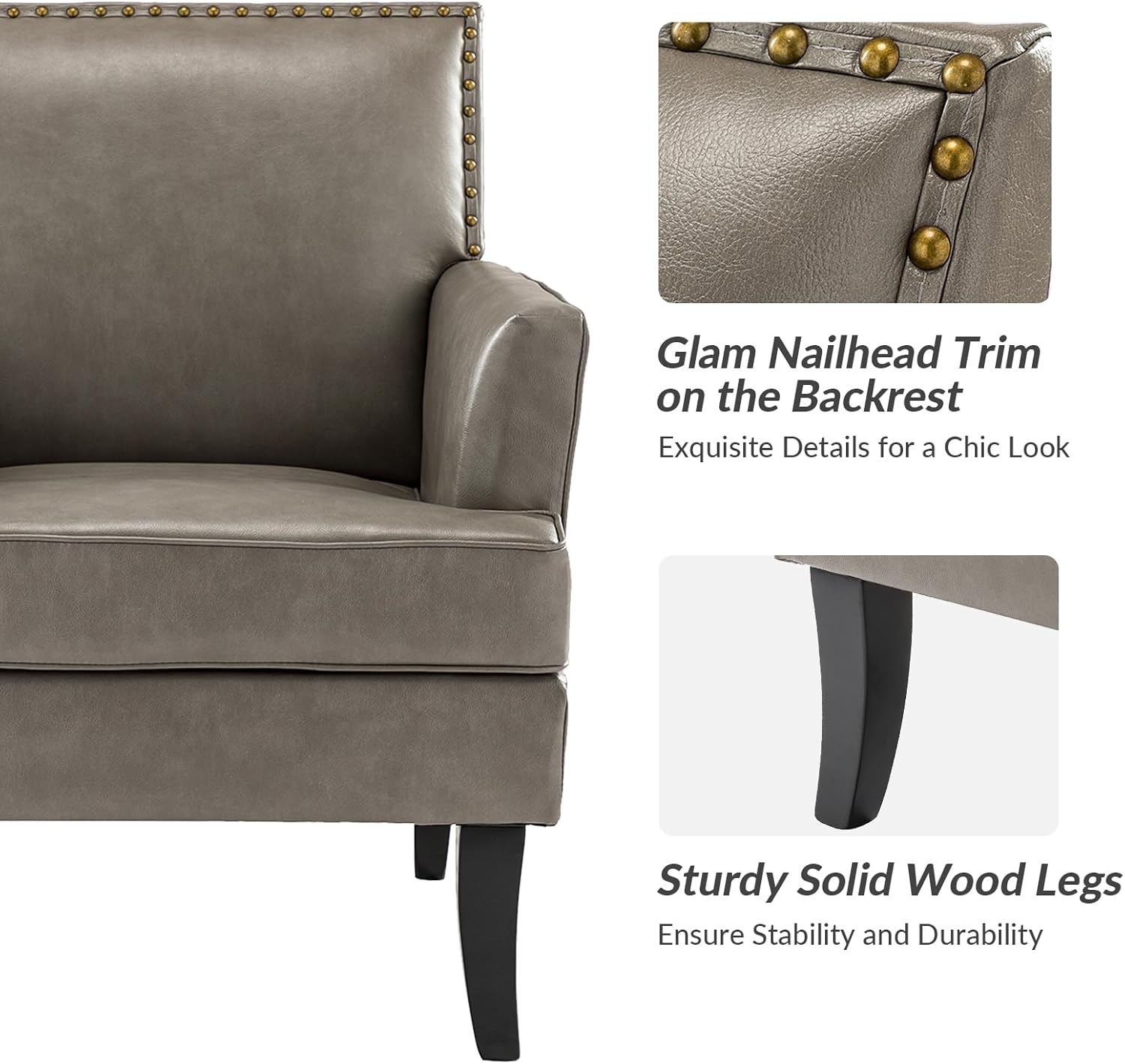 HULALA HOME Modern Faux Leather Accent Chair, Comfy Upholstered Sofa Chair with Nailhead Trim, Living Room Bedroom Armchair with Wood Legs, Grey