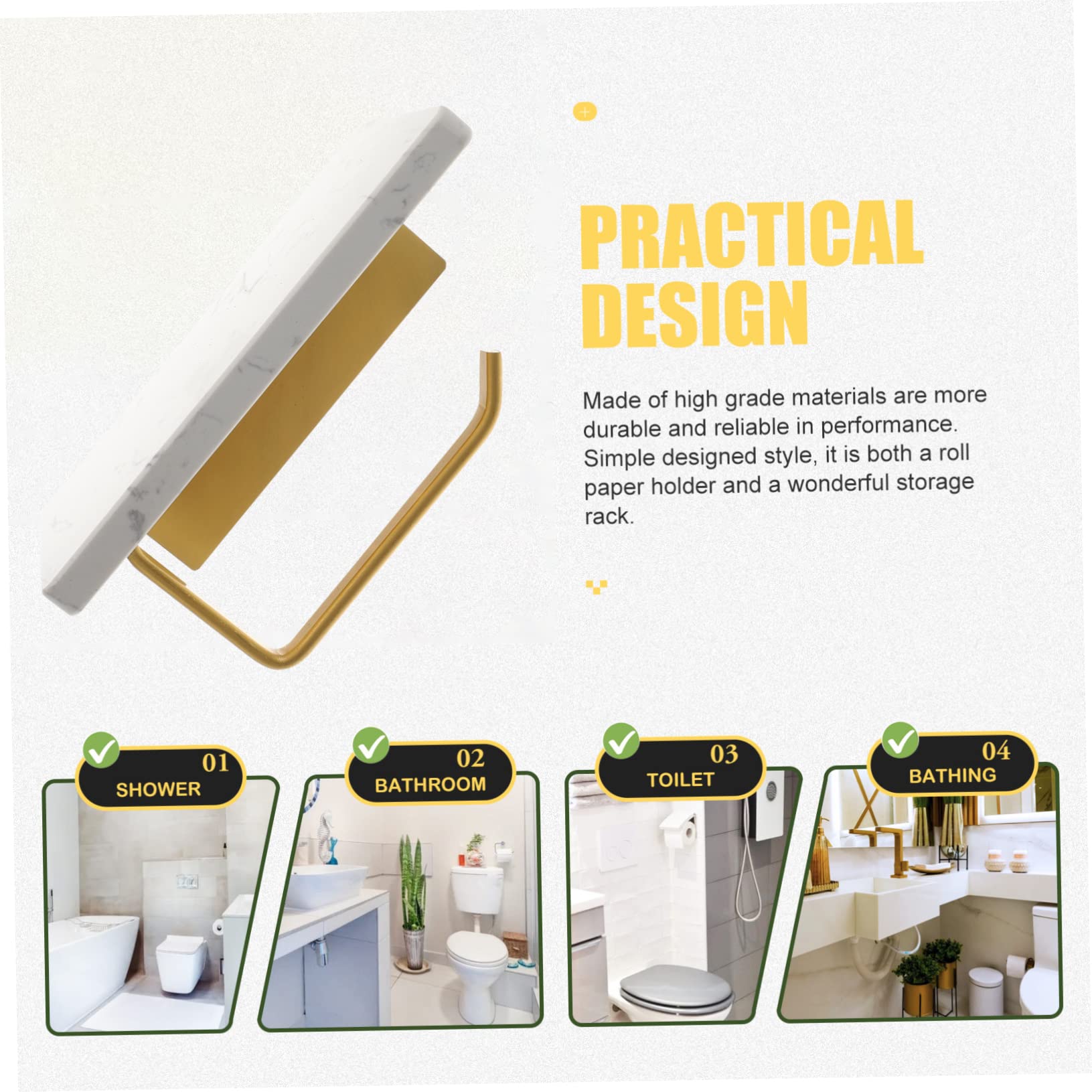 Holibanna Soporte de Papel Higiénico de Mármol Blanco con Repisa de Aluminio, Montado en Pared, para Baño y Aseo, Estilo Sencillo y Elegante