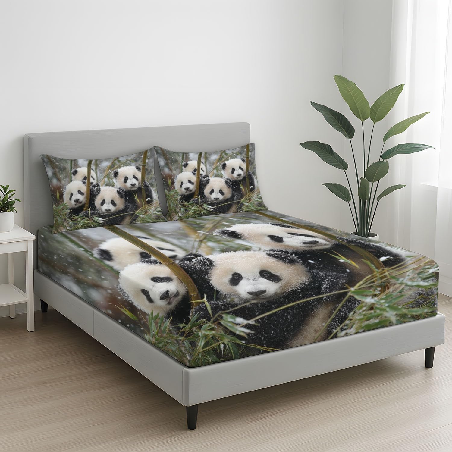 Kinderzimmer Spannbettlaken 200 x 200 cm - Mikrofaser Baby Panda, Schneeflocken, Frisch Bettwäsche-Set, Realistische Fotografie, Harmonie with 30 cm Tiefe Tasche Bettlaken
