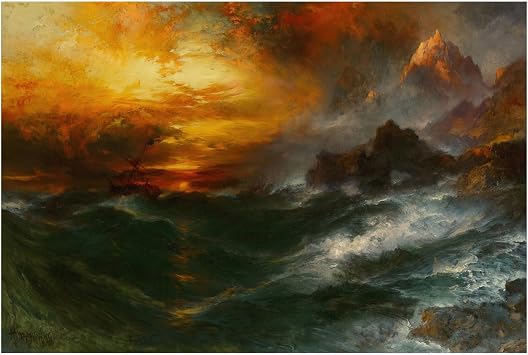 HardPress A Mountain of Loadstone - Stormy Sea with Ship by Thomas Moran - 19th Century Landscape Art 17 x 11 inches