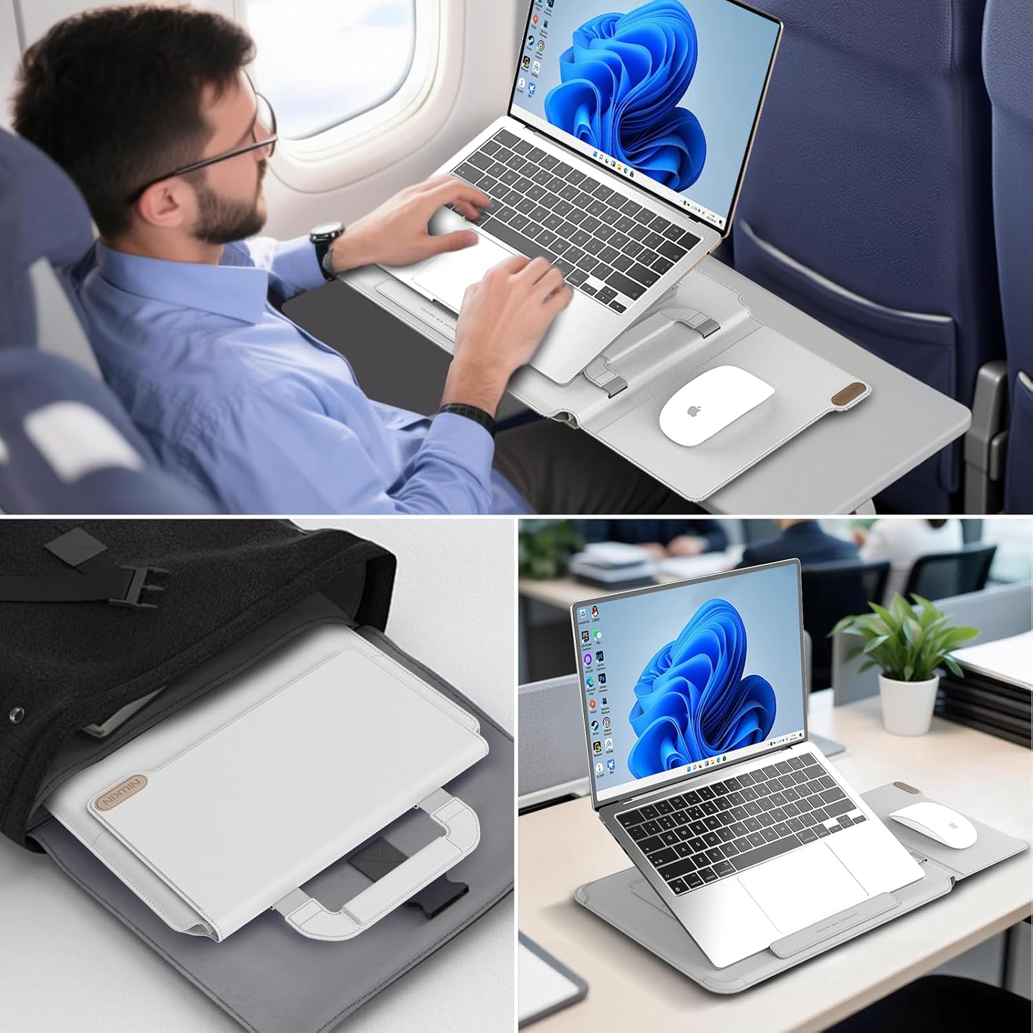 Nillkin Upgraded 13-14 Inch Laptop Sleeve Case for MacBook/Dell/HP/Lenovo/Asus, Unique Slim Travel Computer Bag with Adjustable Stand & Mouse Pad, Magnetic Handle, PU Leather, Gray - Image 7