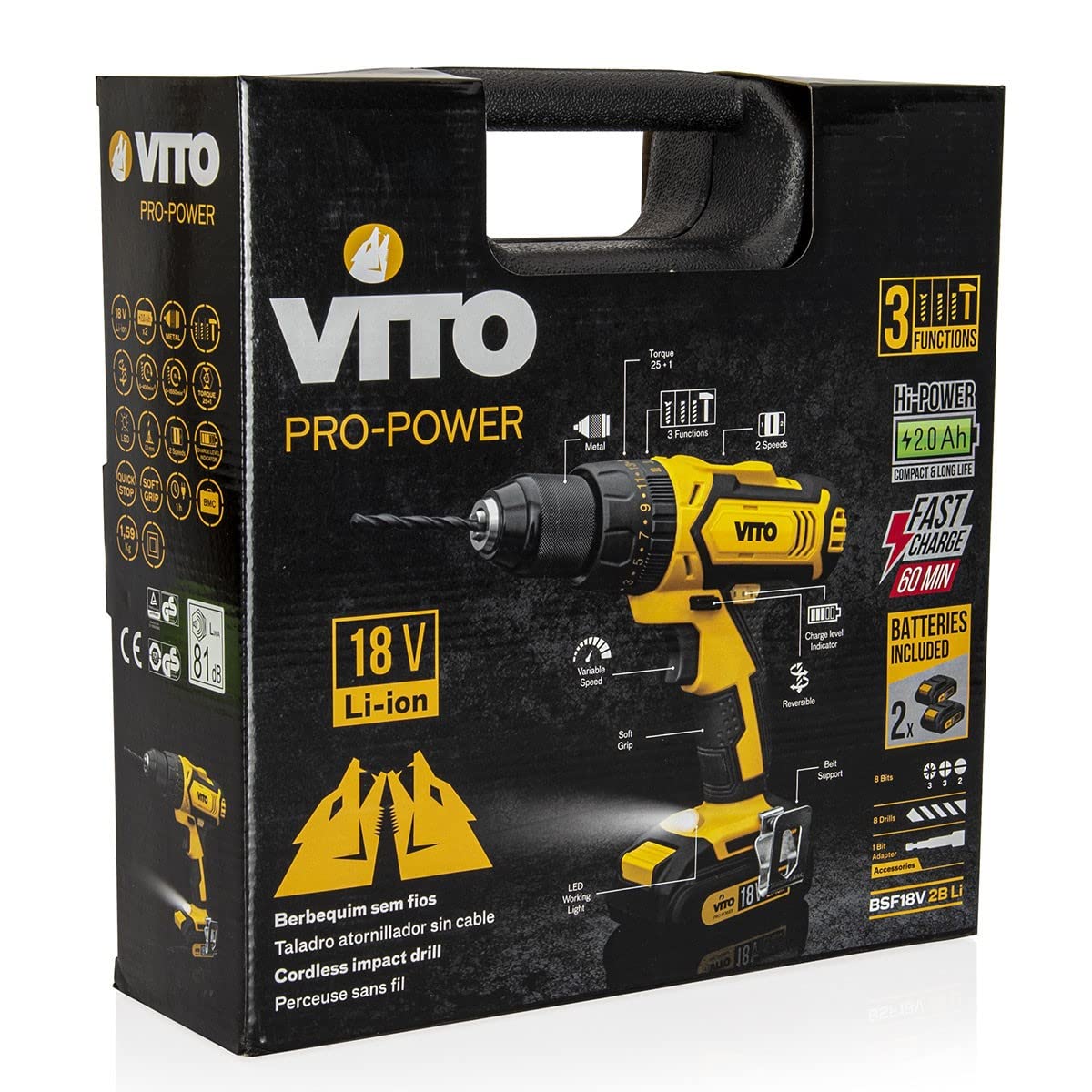 Taladro atornillador inalámbrico 18 V Vito Power + 2 baterías litio 2.0 ah + maletín con 18 accesorios