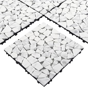 4PCS Natural Pebble Interlocking Deck Tiles, 12" x 12" Recycled Glass Marble Looks Waterproof Patio Deck, Outdoor & Indoor Flooring Decking Tiles for Porch Poolside Balcony Backyard, Carrara White