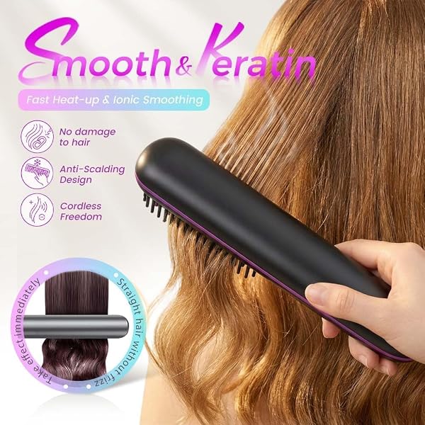 brosse chauffante cheveux court,brosse coiffante cocoony cheveux courts,Réglage de la température sur 3 niveaux,Compact et pratique, facile à transporterGrande batterie, endurance longue durée - 5