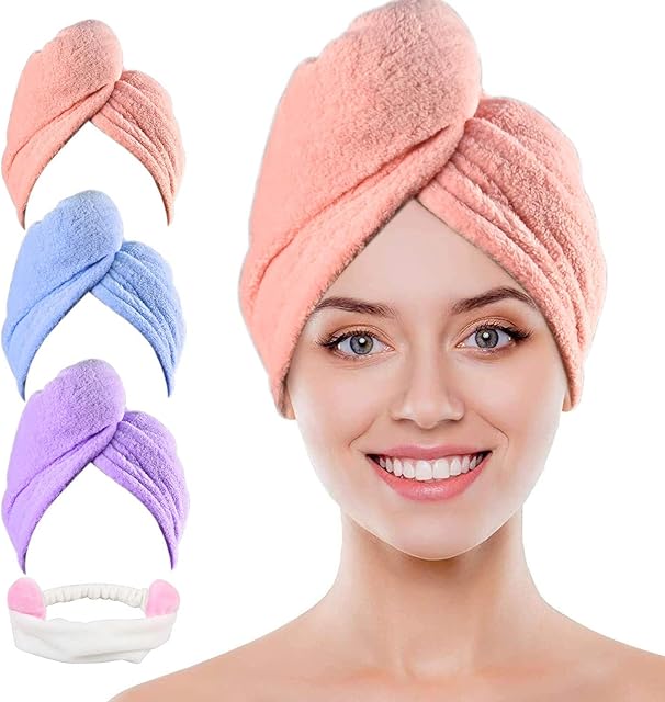 atopo 3 Packs Hair Towel Wrap, Microfibre Hair Towel Turban, Women and Kids Hair Towel for Long Hair, Cotton Dry Hair Wrap with Button 63 x 25 cm (Pink, Blue, Purple)