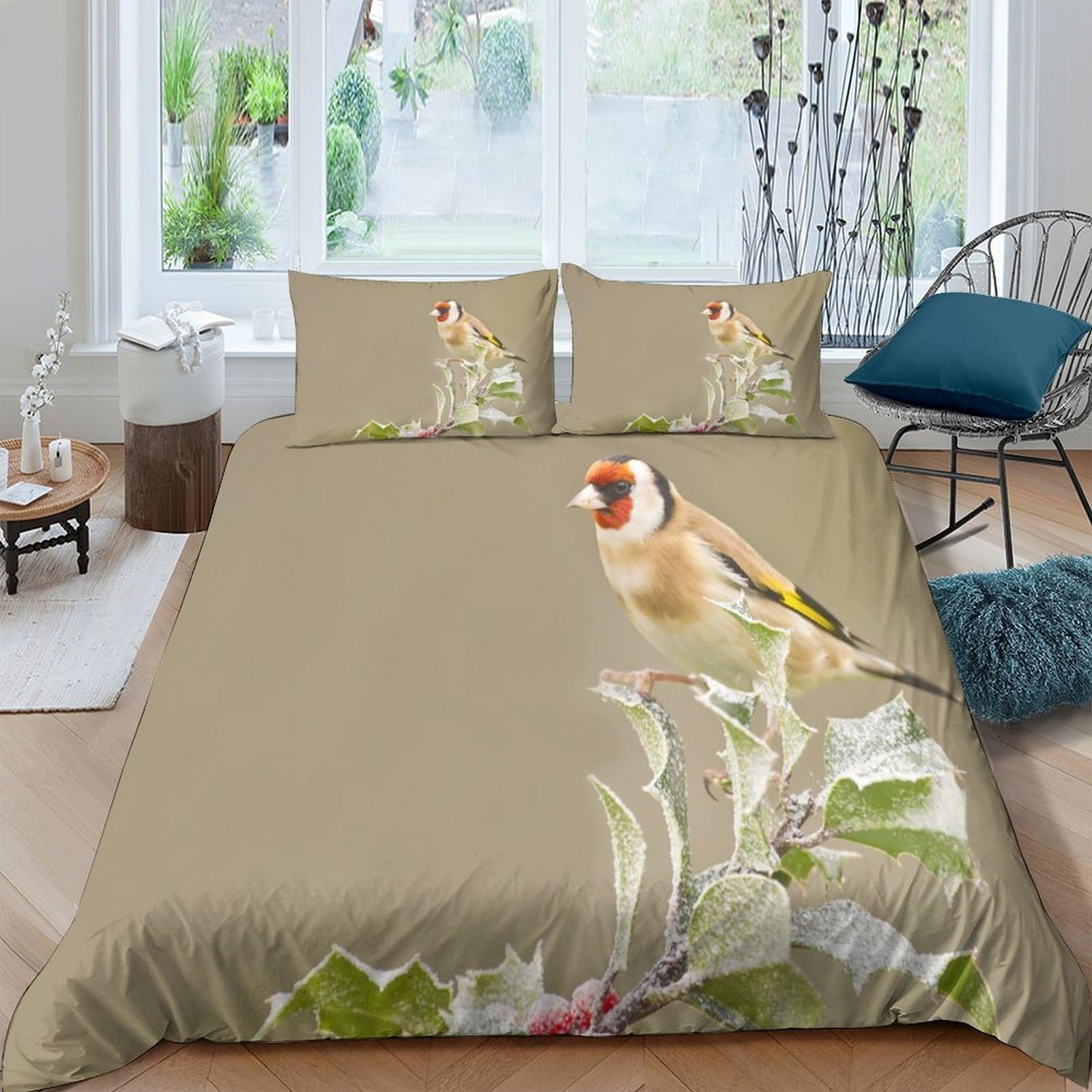 Ctjqhvkz Style-6 3D Printed Goldfinch Bird Fitted Sheet Microfiber Soft Beige Nature Floral Mattress Cover For Bedroom Guest Room Decor Single（135X200cm）