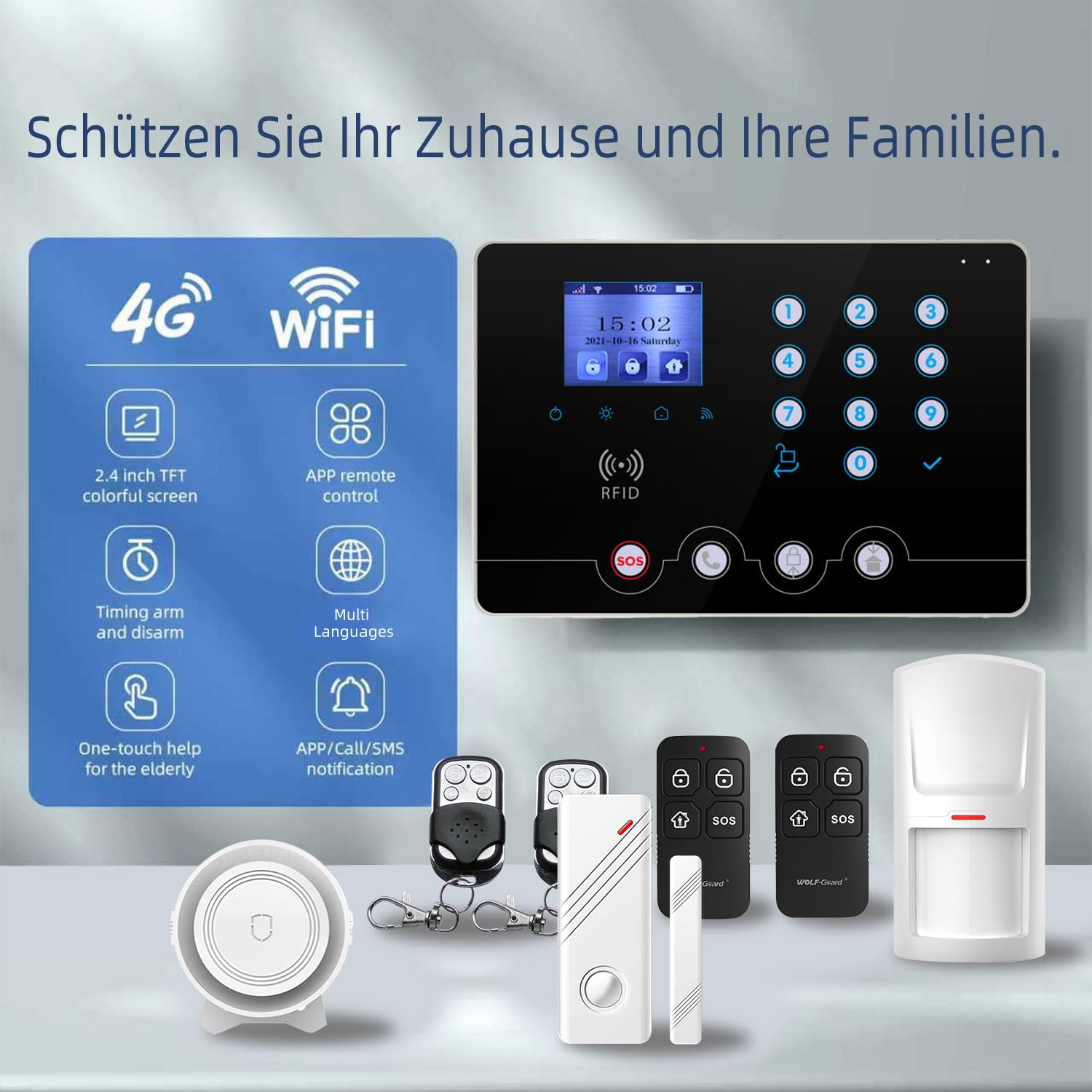 Wolf Guard W4Q-W03 WiFi + 4G Wireless Home Einbrecher Alarmanlage Kit Tuya Smartlife APP, mit Sirene Fenster Türsensor Bewegungsmelder RFID, Deutsch (schwarz W4Q)