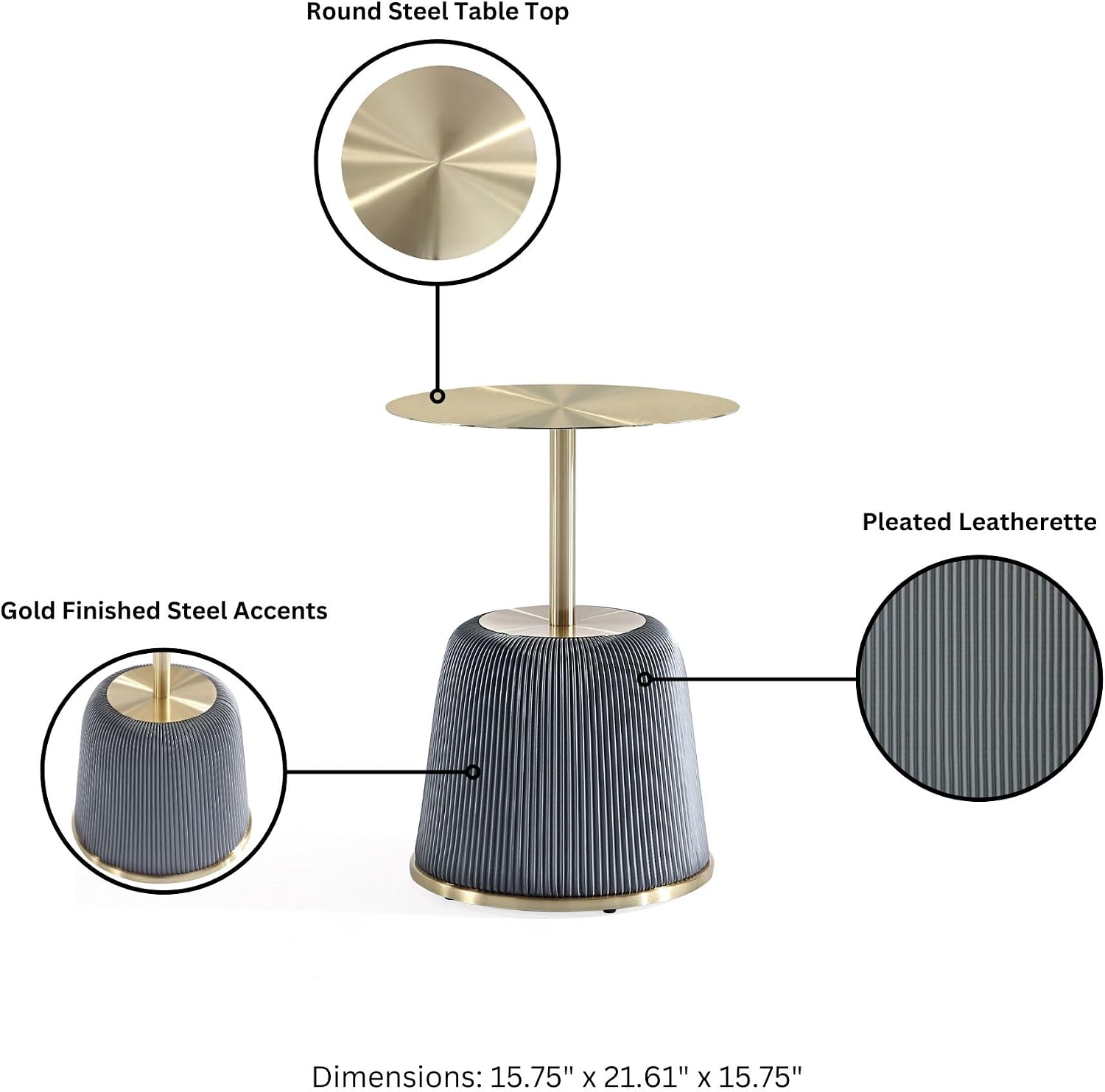Manhattan Comfort Modern Anderson Coffee Table, 1.0 & 2.0 End Table, Upholstered in Grey Leatherette with Ceramic Faux Tabletop and Gold Metal Tabletop- Set of 3