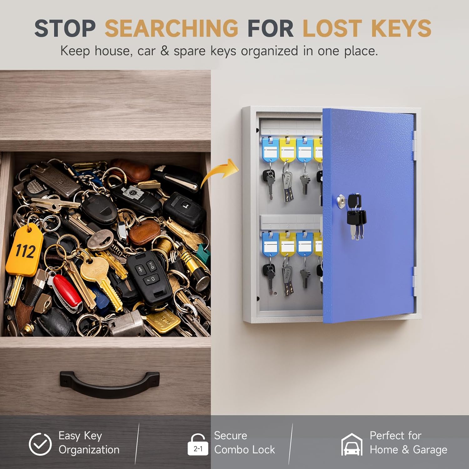 WeHere 32-Keys Key Lock Box – Wall Mounted Key Cabinet with Key Lock, Writable Key Racks and Tags, Key Organizer for House Entryway & Garage, Office Car Keys, Lightweight Anti-Pry Design