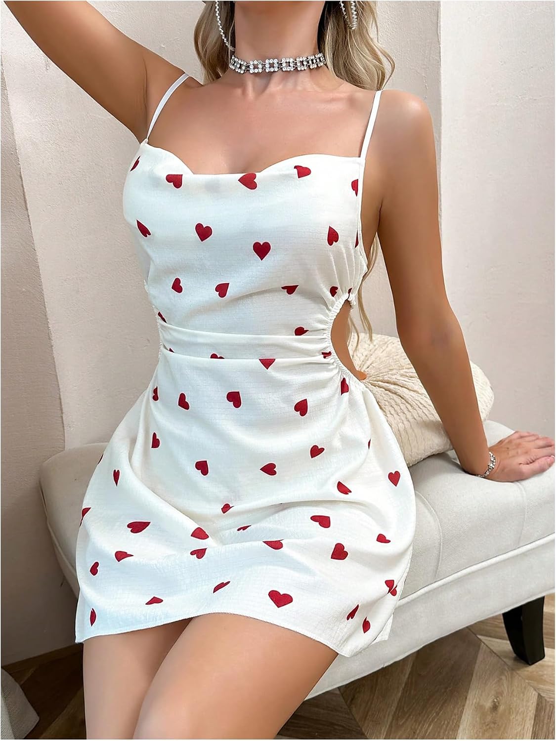 SHENHE Women's Nightgown Heart Print Spaghetti Strap Cowl Neck Cut Out Chemise Nighty