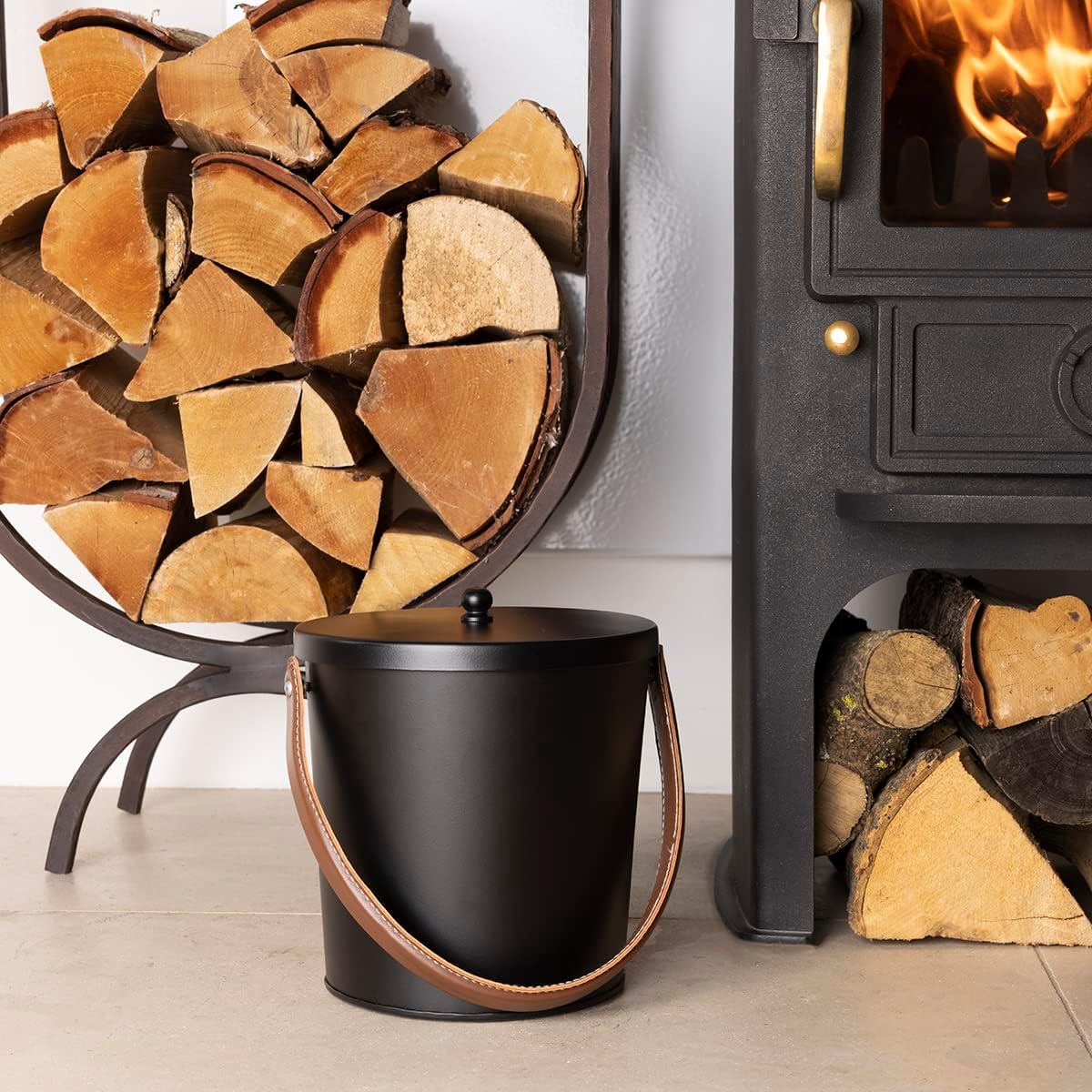 Charles Bentley Snug Plum Ash Bucket with Leather Handle Black Matte Iron Traditional Style