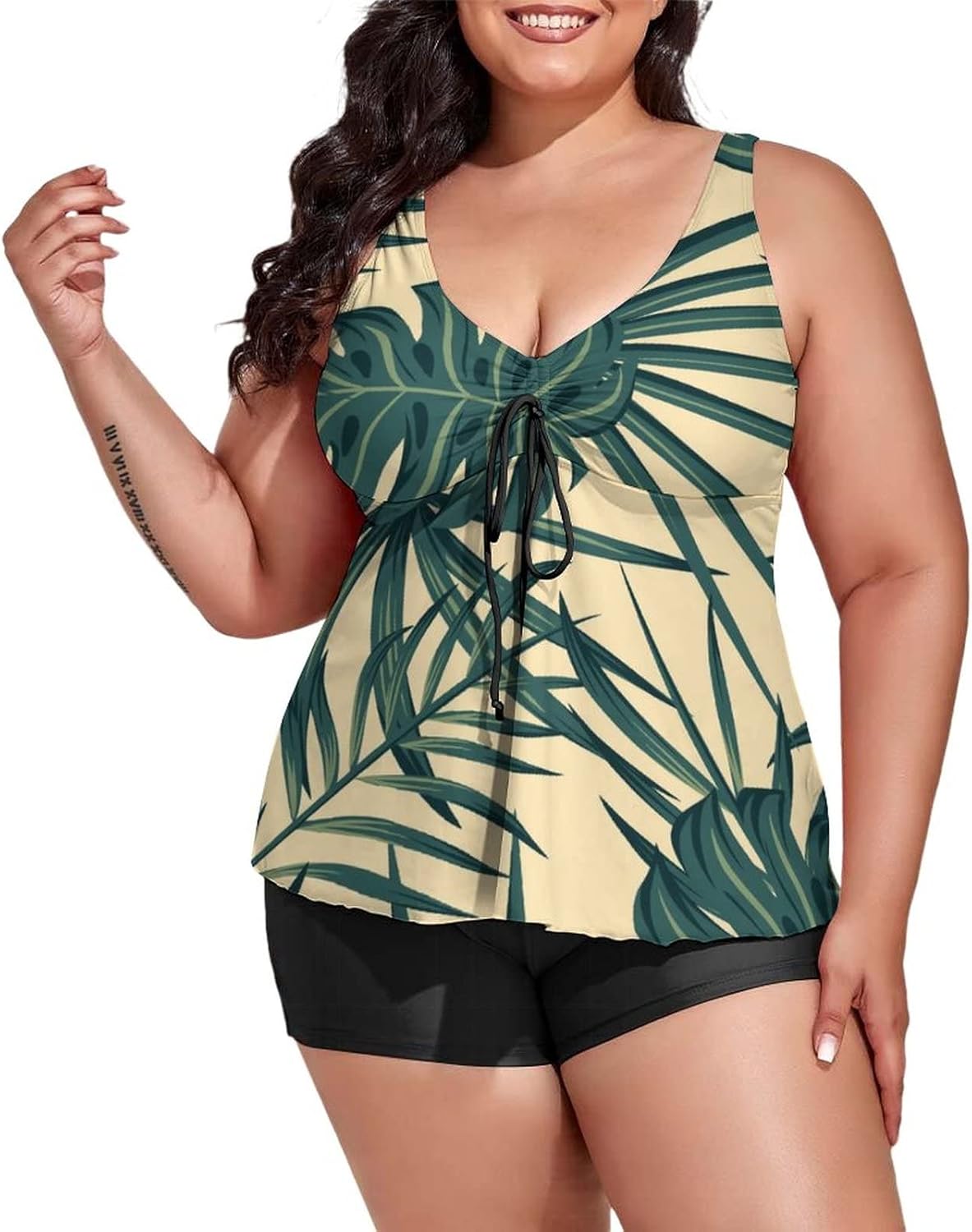 Women's Plus Size Tankini Swimsuit Tropical Banana Palm Monstera Leaves Two Piece Swim Dress Bathing Suits with Boyshort Tummy Control Swimwear Jungle Palm Leaves