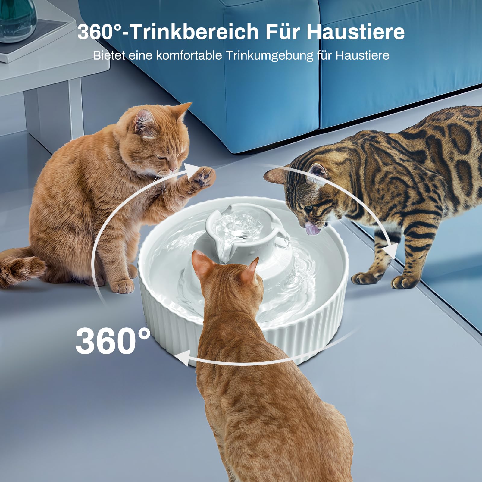 Katzenbrunnen Keramik, 360 2.1L Trinkbrunnen für Katze Keramik Trinkbrunnen Schüssel für Katze und Hunde mit Ersatzfilter und Schaumstoff Intelligente Pumpe (Weiß) 2*Filter 2* Pumpe