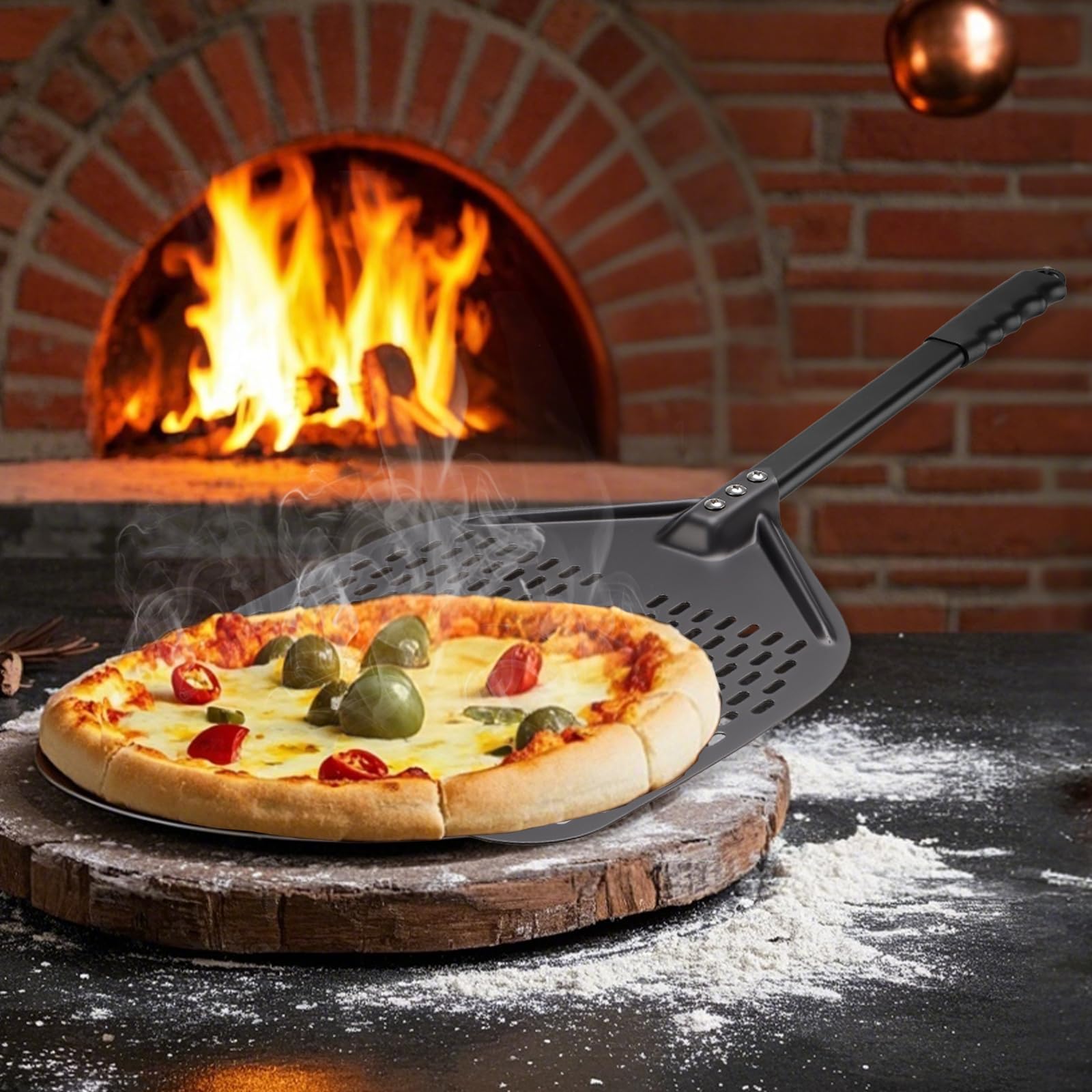 ?opatka do pizzy perforowana 30 x 39 cm, ?opatka do pizzy z aluminium, czarna ?opatka do pizzy z d?ugim trzonkiem, du?a powierzchnia i zdejmowany uchwyt