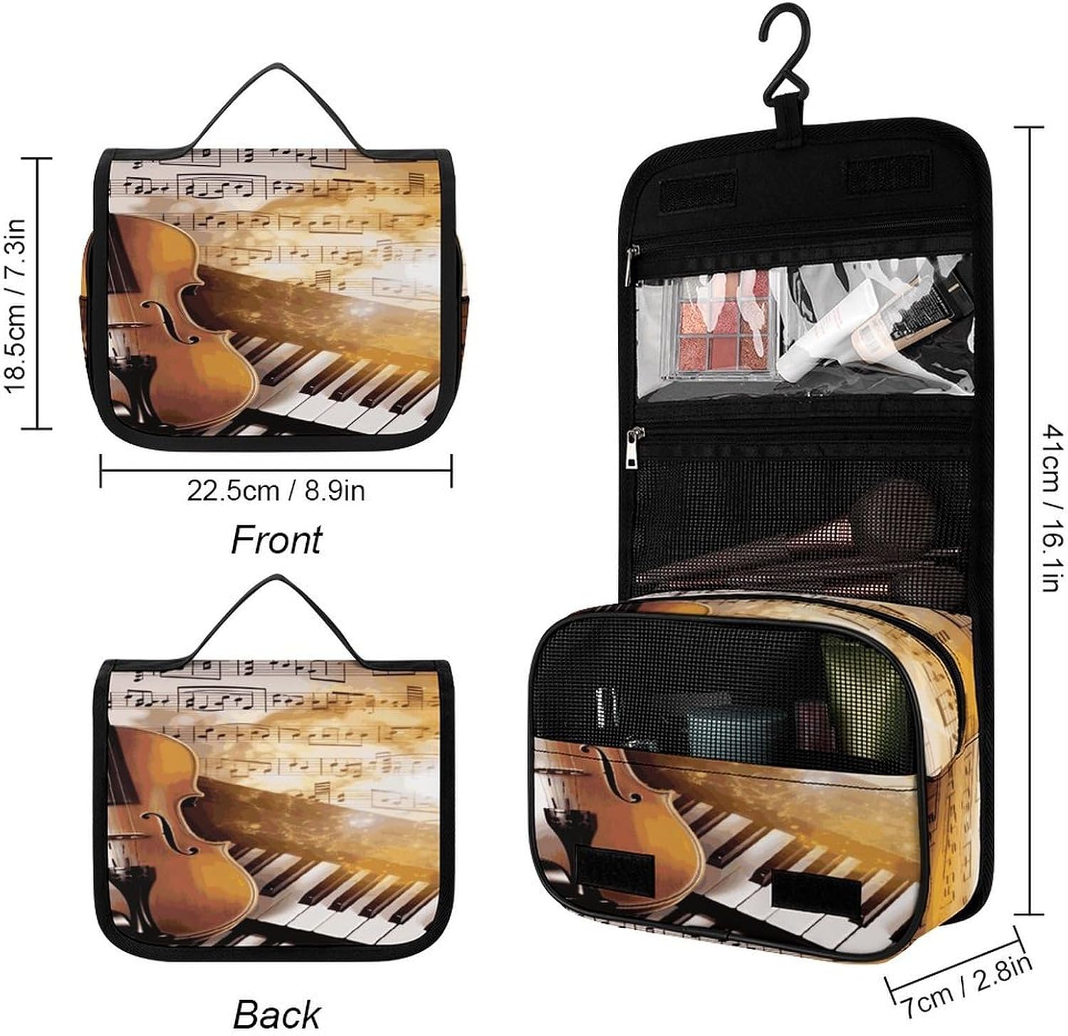Piano Violin Music Notes Travel Toiletry Bag for Women & Men, Makeup Bags with Hook And Multiple Pockets, Cosmetic Case for Bathroom Shower image 2