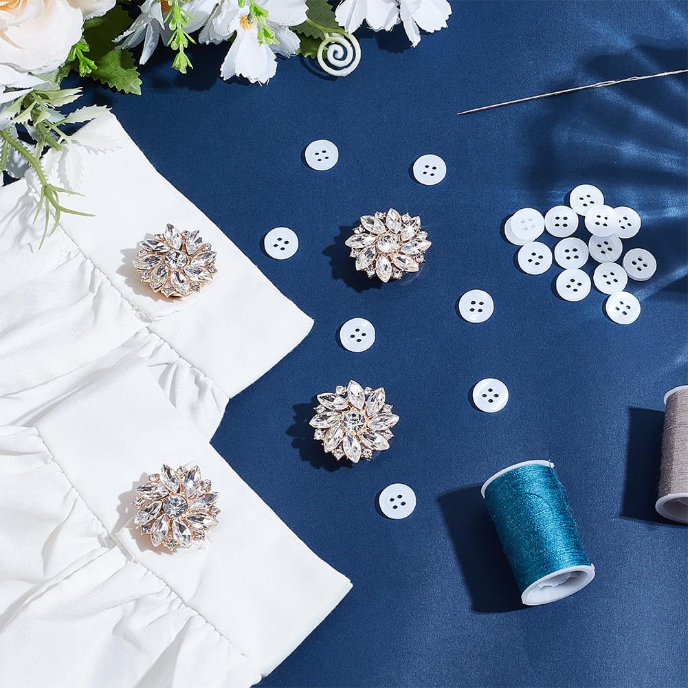 Couvre-boutons Strass Doré Fleuri - Lot De 4 + 20 Boutons Blancs - Pour Embellir Vêtements, Couture