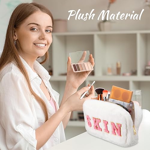 Miniatura 4 de 2 bolsas de maquillaje pequeñas de felpilla con letras de felpilla bolsa de maquillaje de felpa esponjosa bolsa de cosméticos portátil con