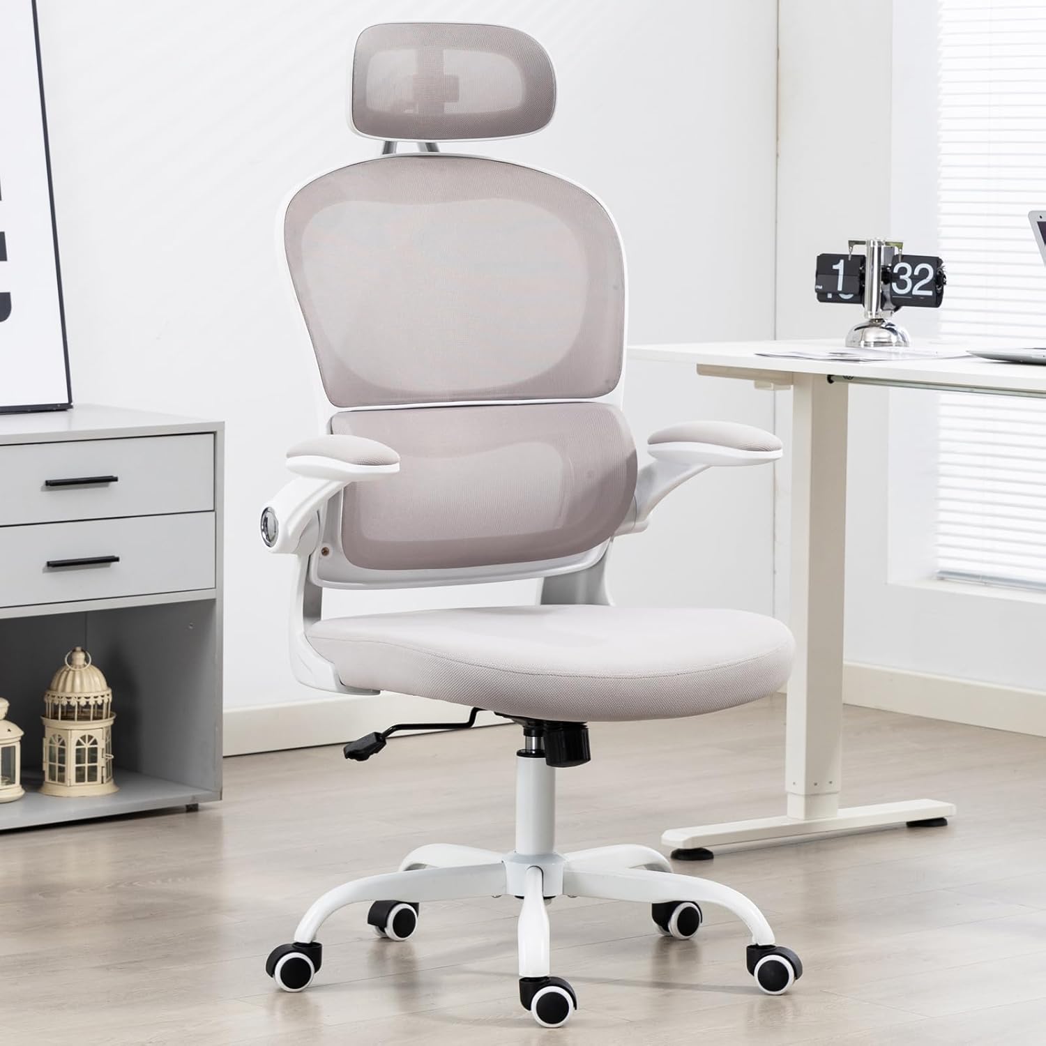 Yilaywain Ergonomic Office Chair, Home Office Desk Chair with Adjustable Headrest, High Back Computer Chair with Armrests and Lumbar Support for Home Office Study Room, Black & Gray (Grey)