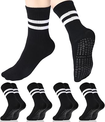 Jspupifip 4 أزواج Pilates Grippy Socks for Women، Long Non Slip Yoga Socks with Grips Crew Socks for Pilates Barre Hospital