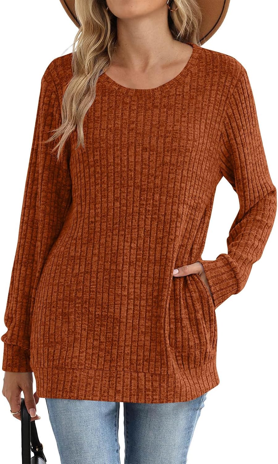 Long Sleeve Shirts for Women Crew Neck Lightweight Sweater Loose Casual Tunic Tops with Pockets Fall Winter Clothing