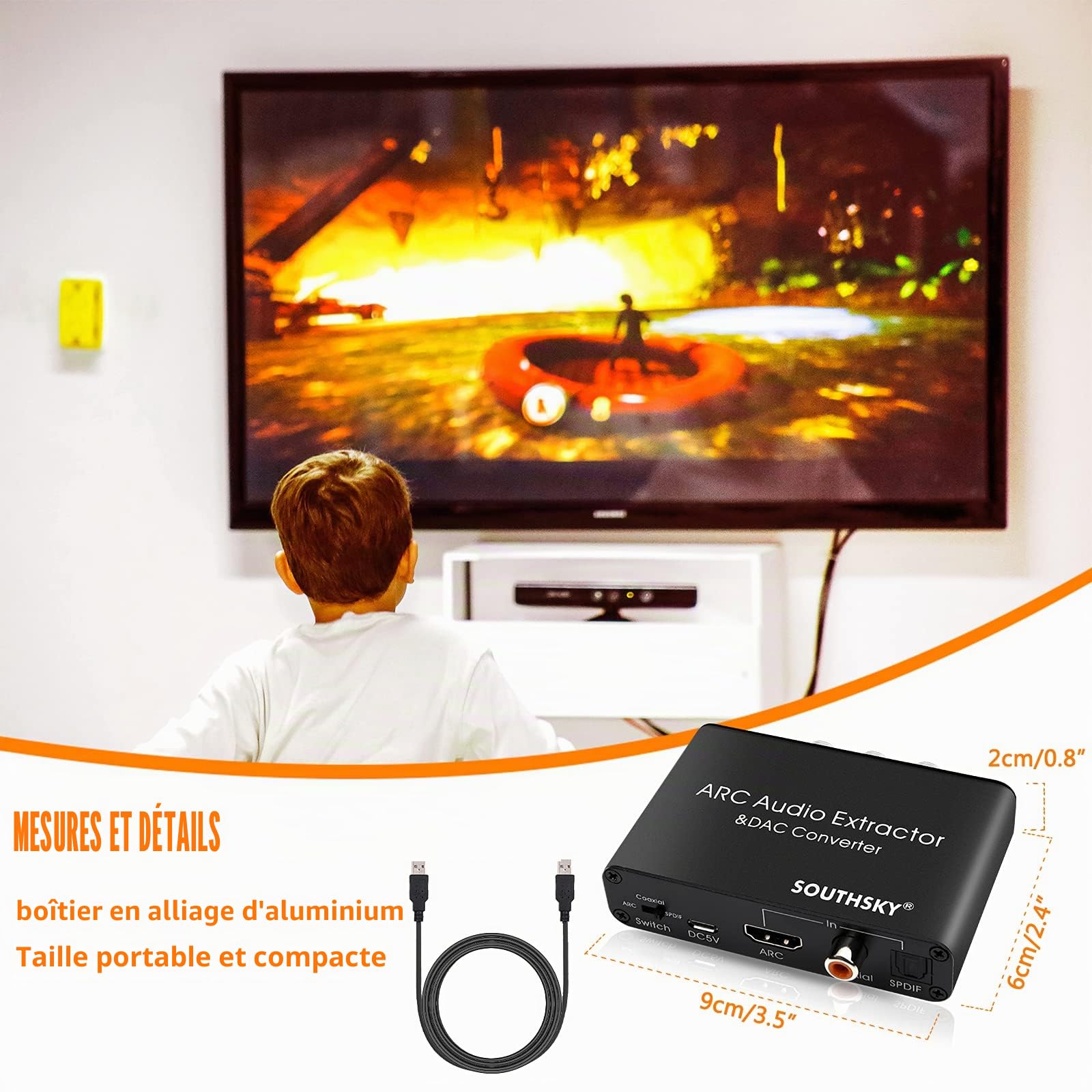 SOUTHSKY 192 KHz Convertisseur DAC, Adaptateur RCA Numérique vers Analogique L/R, Extracteur Audio HDMI ARC vers SPDIF Coaxial 3,5 mm L/R, Volume CEC Réglable