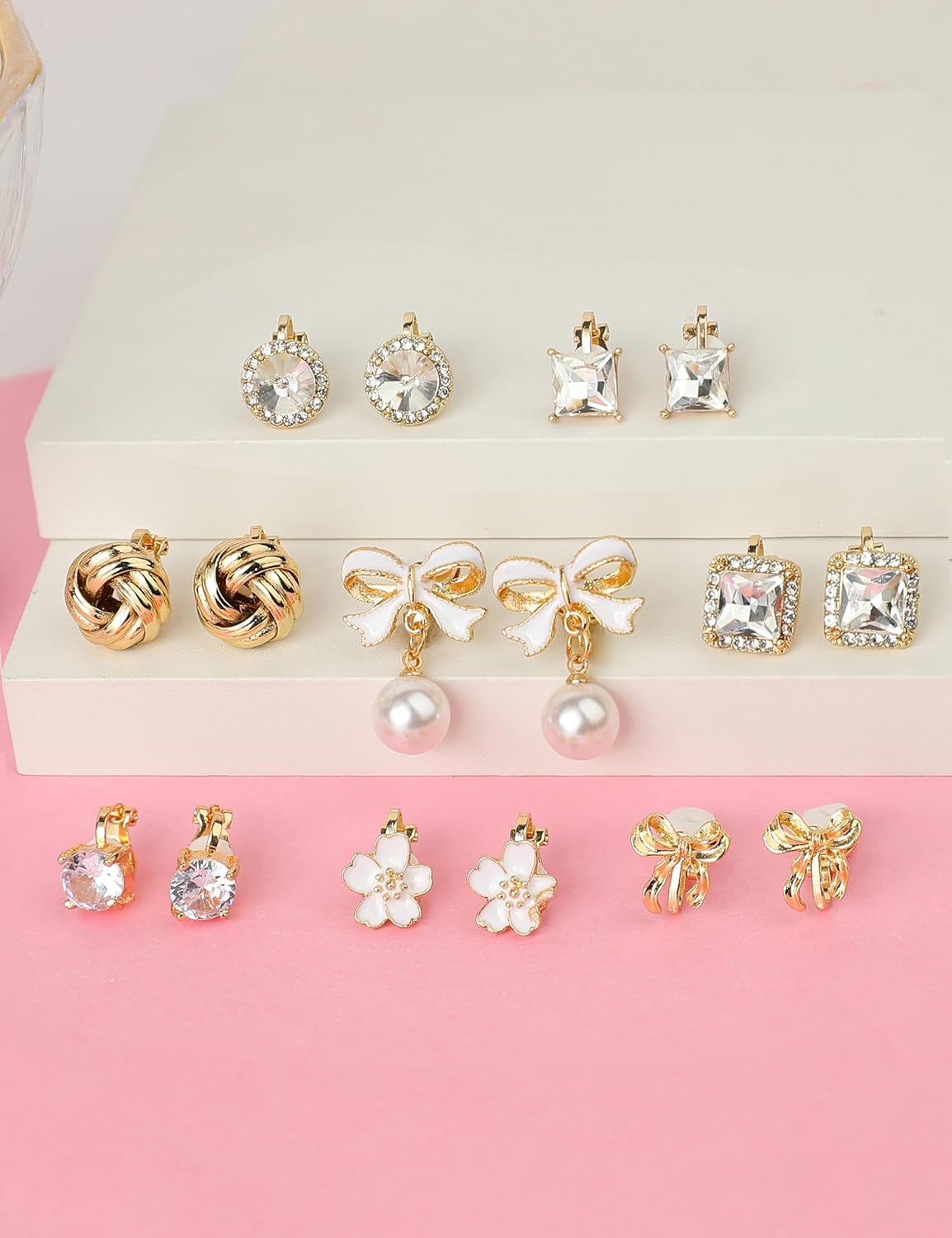 Gold Clip on Earrings Women 8 Pair Fake Earrings Non Pierced - Bow Cubic Zirconia Pearl Round Rhinestone Flower Non Pierced Earrings Silver Gold Clip Halo Earrings Clip-On Earrings Fake Earring Set - Image 2