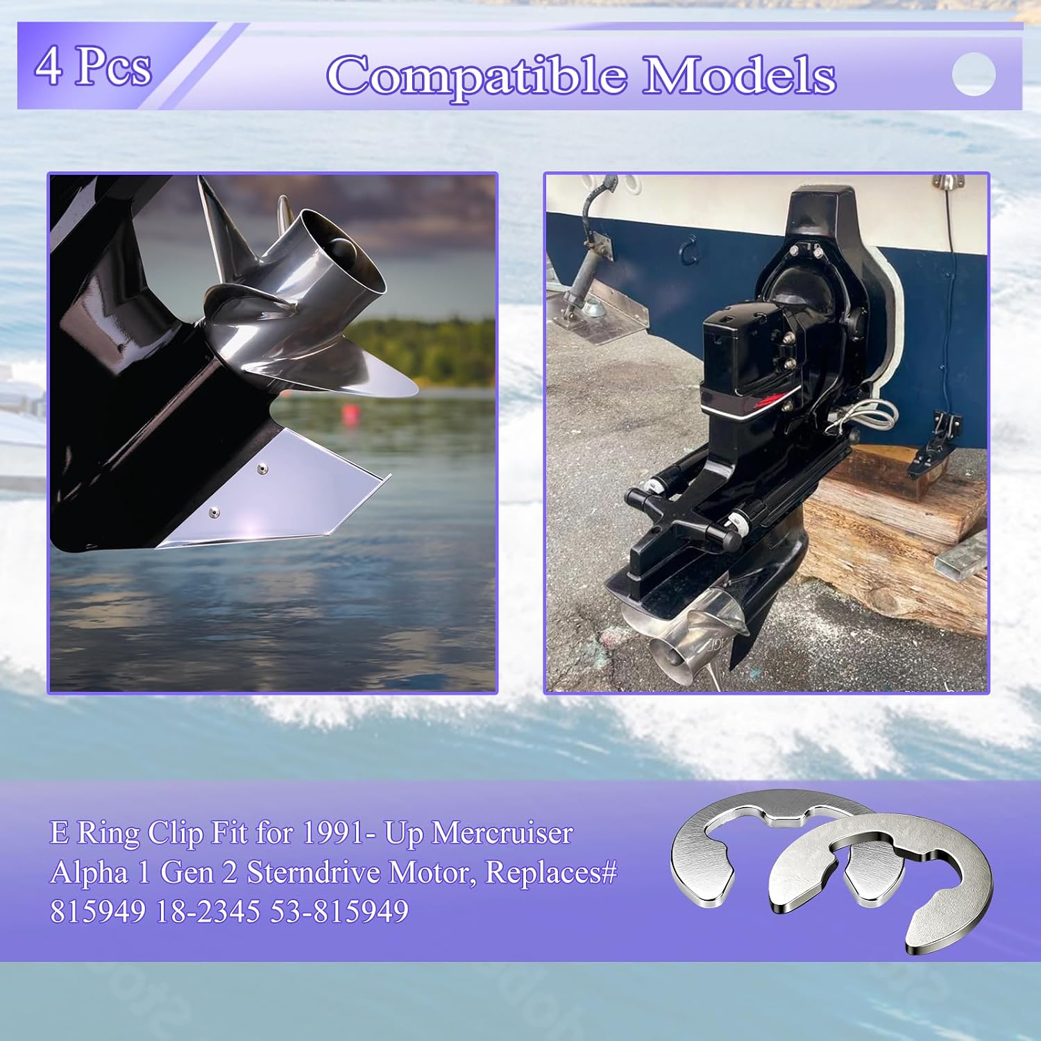 4 Pcs 53815949 Trim Ram E Ring Clip, External Circlips, for Securing Trim Rams, Compatible with 1991- Up Mercruiser Alpha 1 Gen 2 Sterndrive Motor, Replaces# 815949 18-2345 53-815949