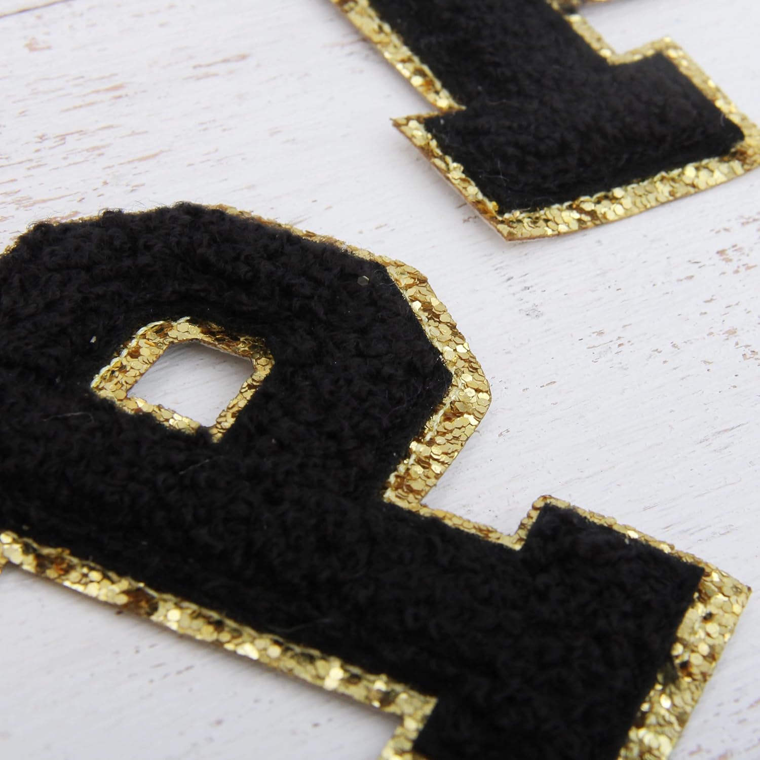3 Pack Chenille Iron On Glitter Varsity Letter 5cm Tall "P" Patches - Black Chenille Fabric with Gold Glitter Trim - Sew or Iron on - 5CM BLK P