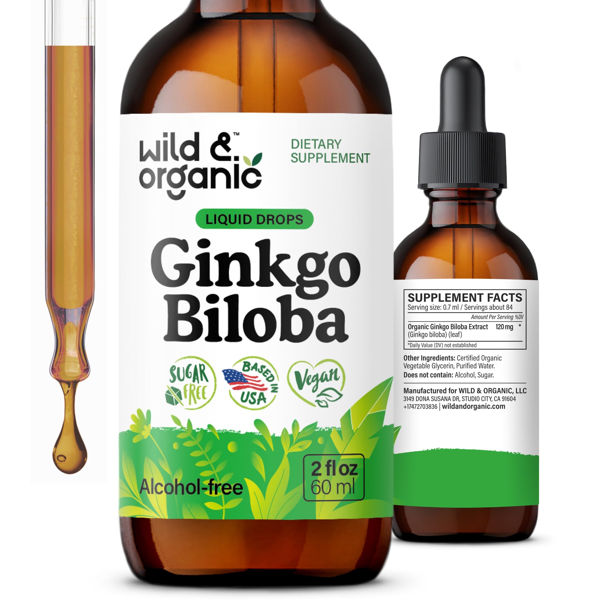 Wild & Organic Ginkgo Biloba Tincture - Brain & Focus Support with Ginkgo Leaf Supplement - Vegan, Sugar & Alcohol-Free Herbal Extract Tincture - 2 fl oz