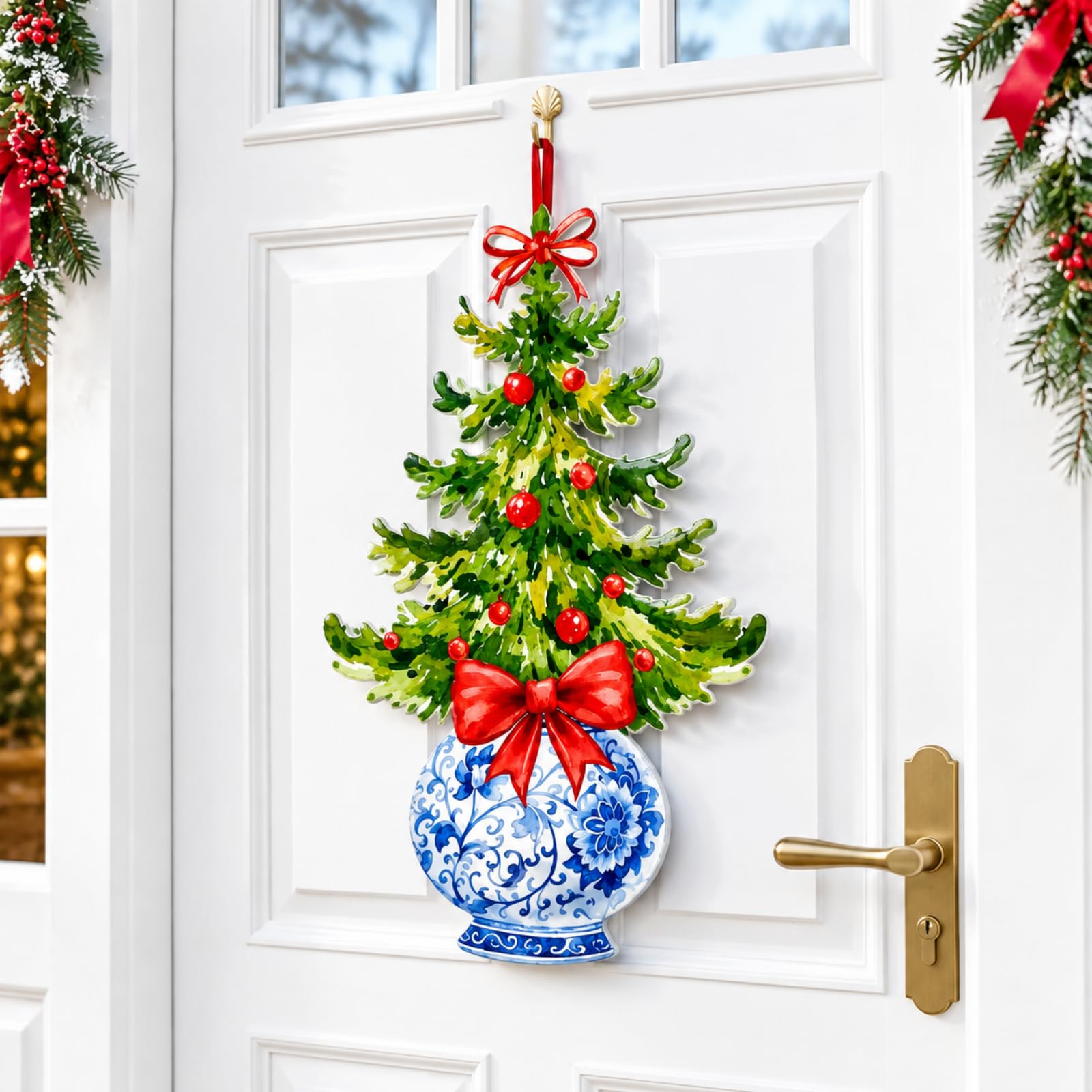 RattanView Chinoiserie Christmas Door Wreath Hanger Red Bow Decortions