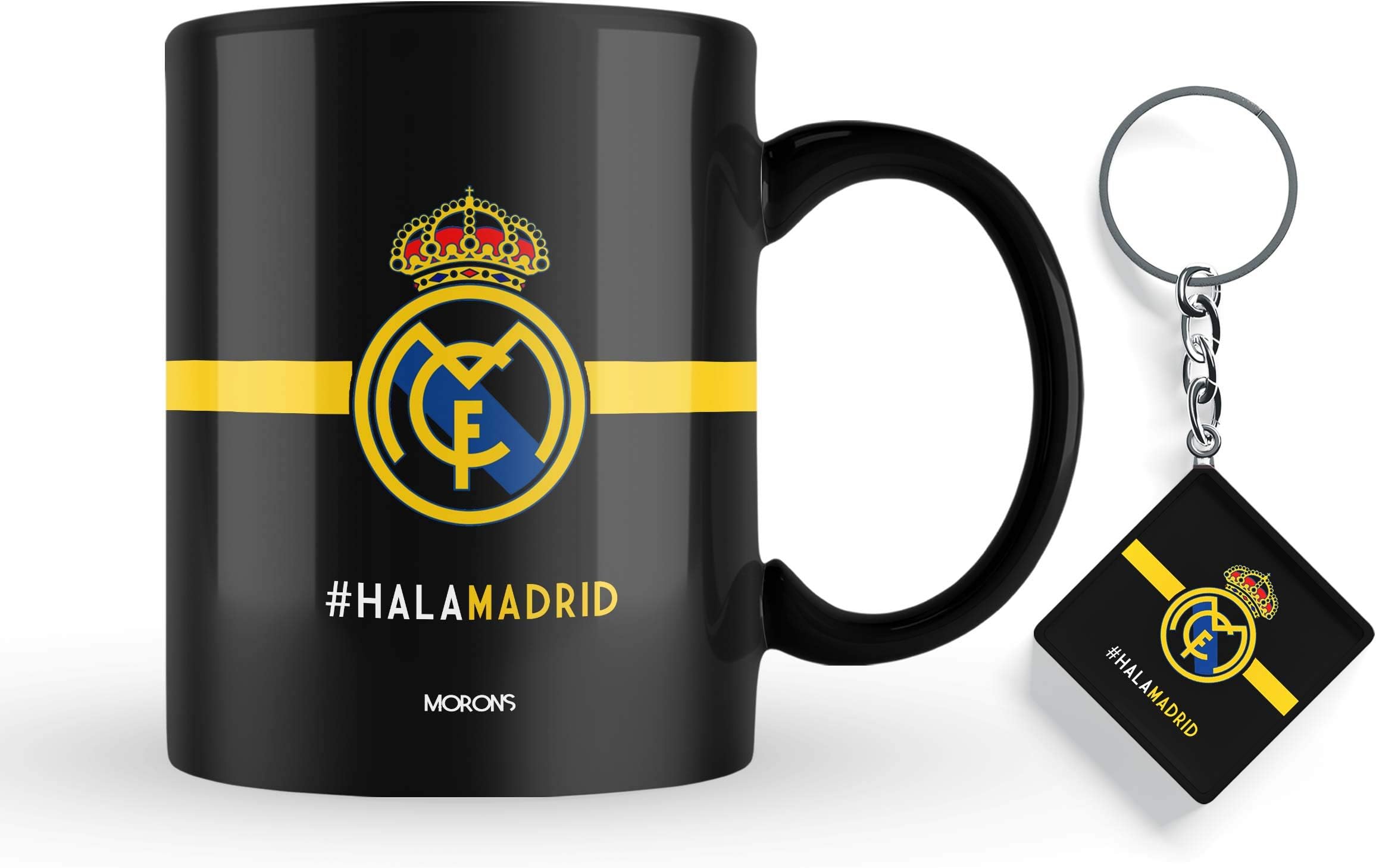 Morons Hala Madrid Merchandise Ceramic Coffee Mug | Real Madrid FC Printed Black Mug and Keychain with Key Ring Gift Set for Friends | 330 ml, Pack of 2