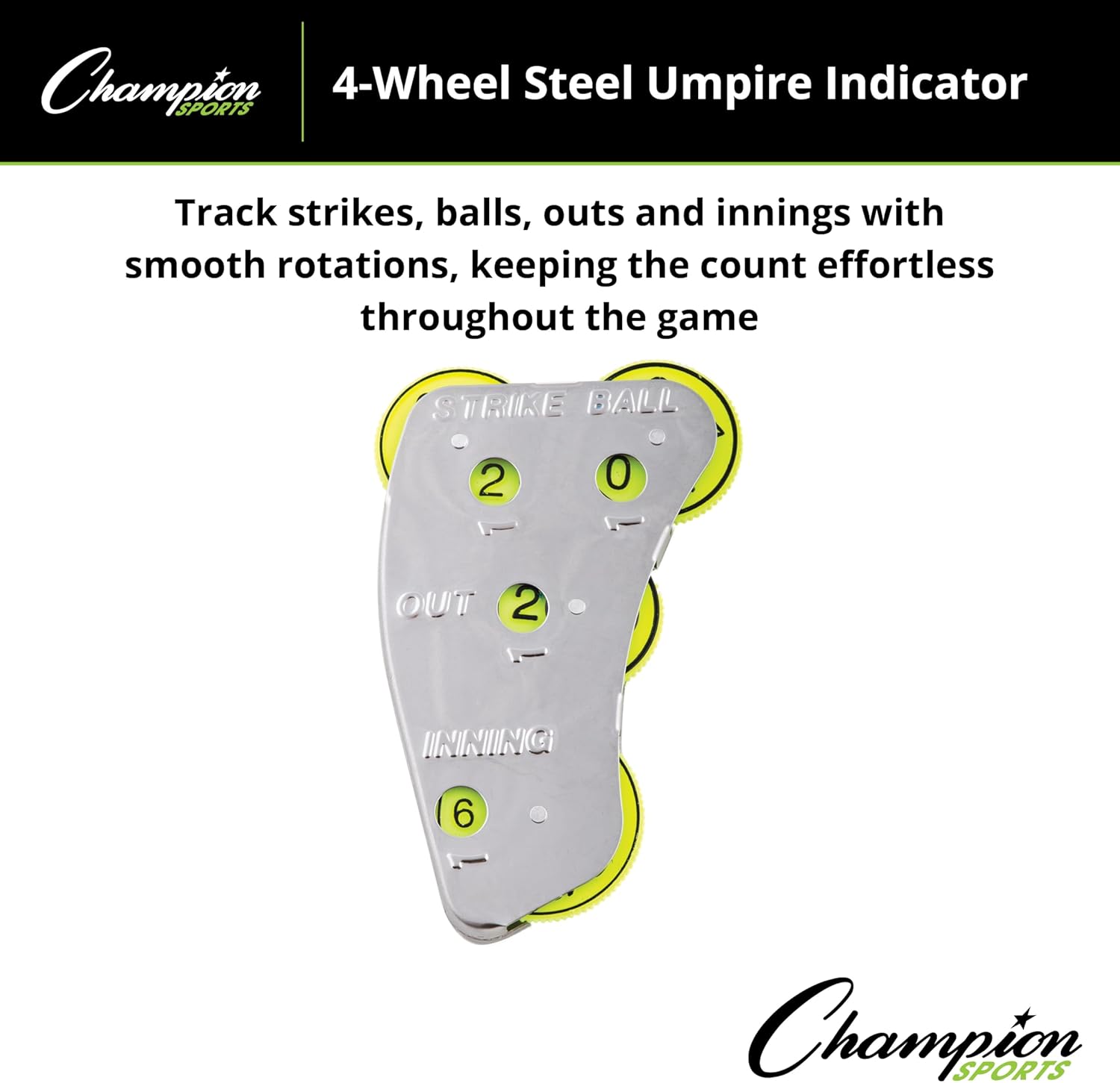 Champion Sports 4 Wheel Stainless Steel Umpire Indicator - Counts Strikes, Balls, Outs and Innings