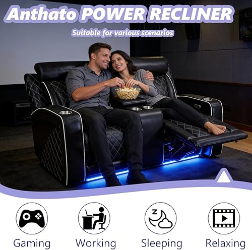 Miniatura 5 de Juego de sofá reclinable eléctrico, juego de sofá reclinable de cine en casa, sofá biplaza reclinable de cuero transpirable con Debut negro,Negro