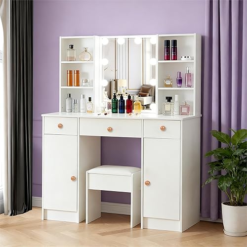 Makeup Vanity with Mirror, LED Vanity Table for Bedroom, 10 Bulbs 3 Color Modes, Drawers Storage & Adjustable Shelves with Hidden Stool