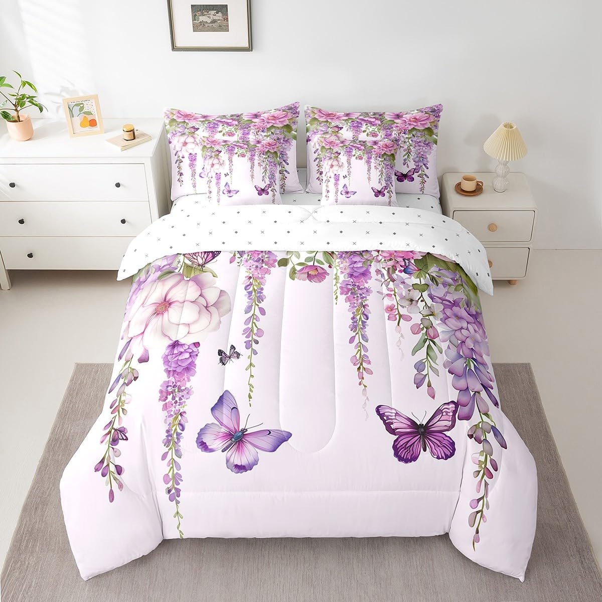 Feelyou Purple Violet Butterfly Full Bed in a Bag 7 Pieces Comforter Sets with Comforter and Sheets Purple Flowers Bedding Sets with Comforter,