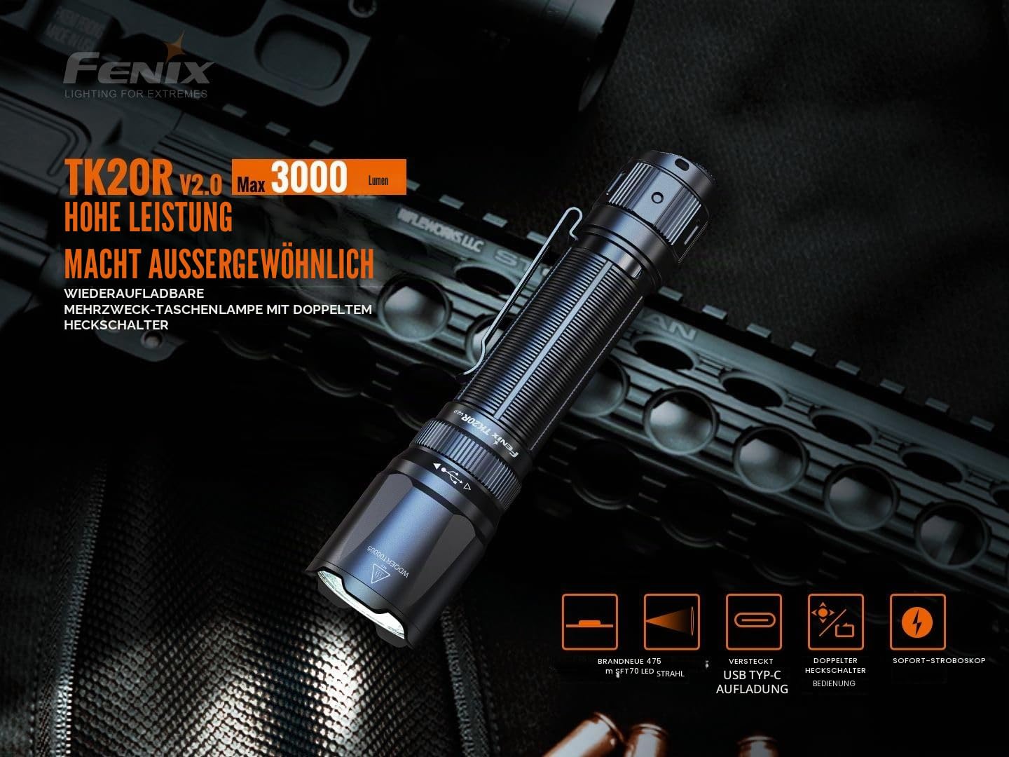 Fenix TK20R v2.0, 3000 Lumen, 21700 Powered, USB-C wiederaufladbar, APF Taschenlampe, Schwarz