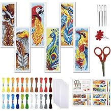 FREEBLOSS 6 Set Cross Stitch Bookmark Kit 11 CT Stamped Cross Stitch Kit DIY Embroidery Bookmark Kits for Adult Beginners with Instructions, Feathers Pattern, 6 x 20 cm/8" x 2.4"