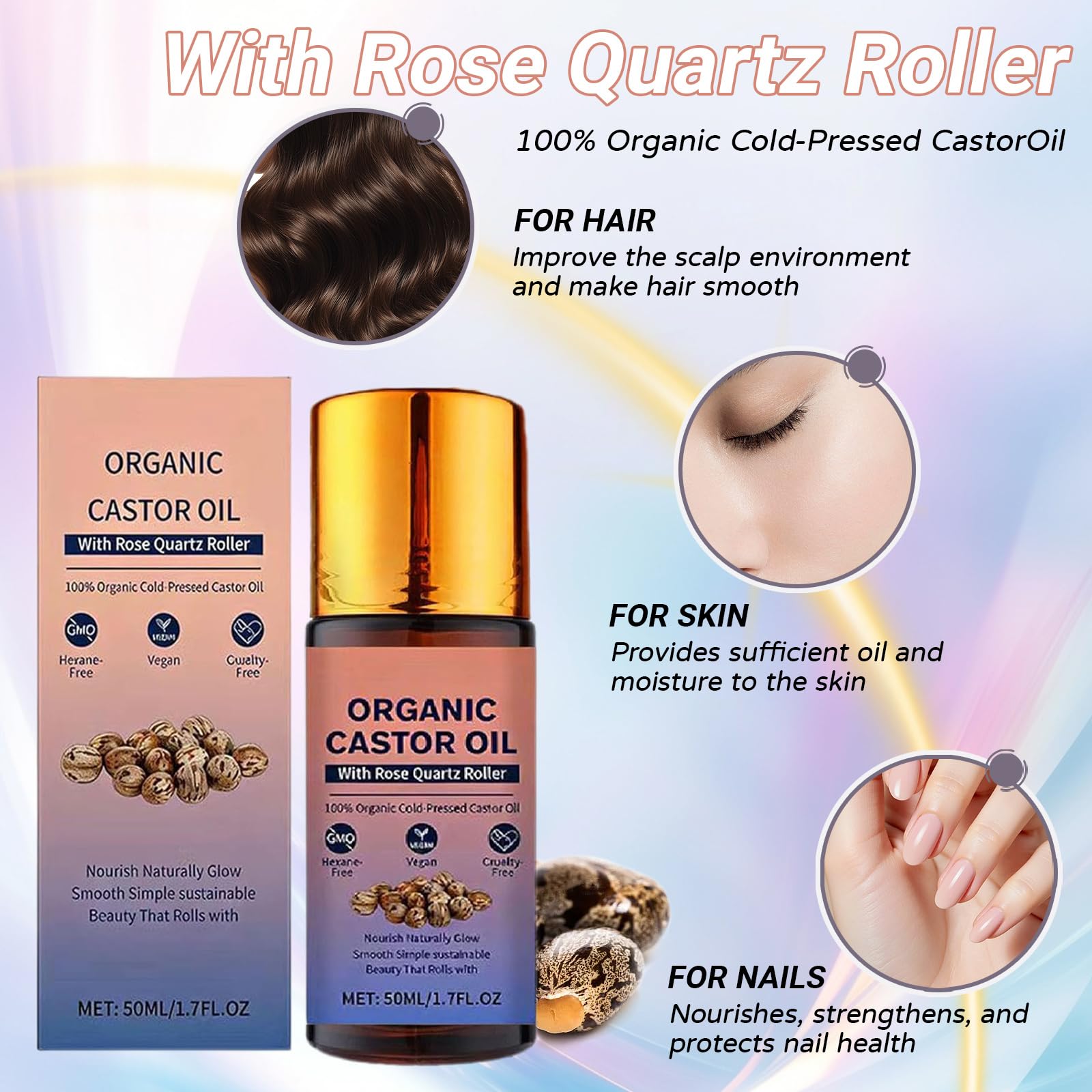DESIYUE Organic Castor Oil Roll On with Rose Quartz Roller, 100% Castor Oil Organic Cold Pressed, Castor Oil Rose Quartz Roller Ball for Face and Body, Hair, Eyebrows, Moisturize Skin (1PC) - 3