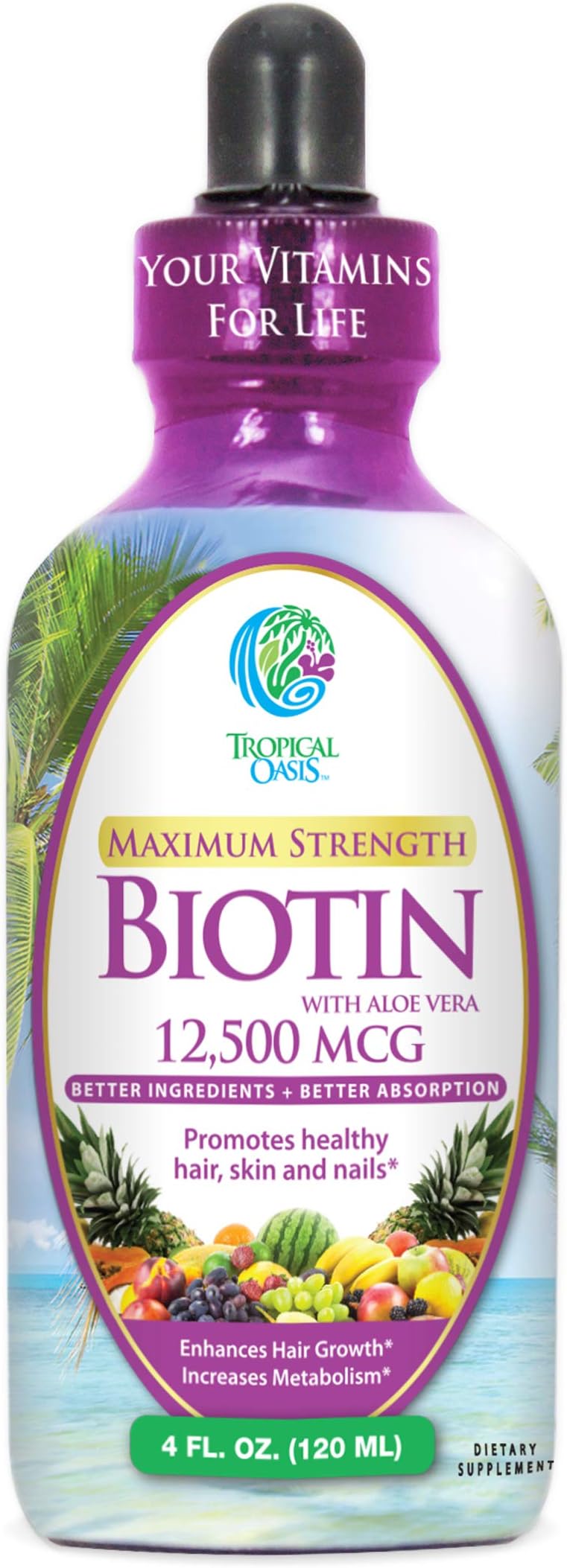 Tropical Oasis Maximum Strength Liquid Biotin Drops (4oz, 30 Servings)