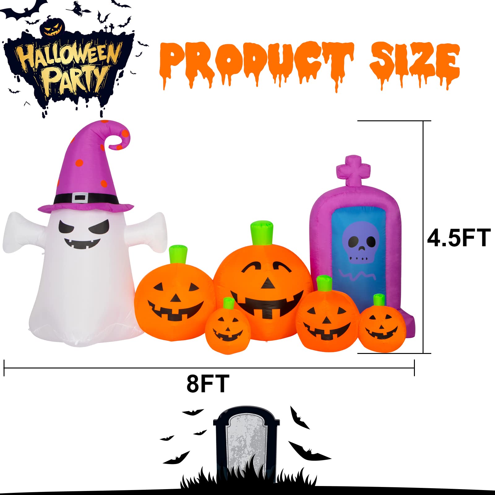 Dekoracje halloweenowe, na zewnątrz, 200 cm, długa nadmuchiwana dynia z duchem i czaszką, nagrobkiem, straszne wysadzenie w powietrze, dekoracja dyni, wbudowane diody LED, na imprezę, do ogrodu, dekoracja trawnika